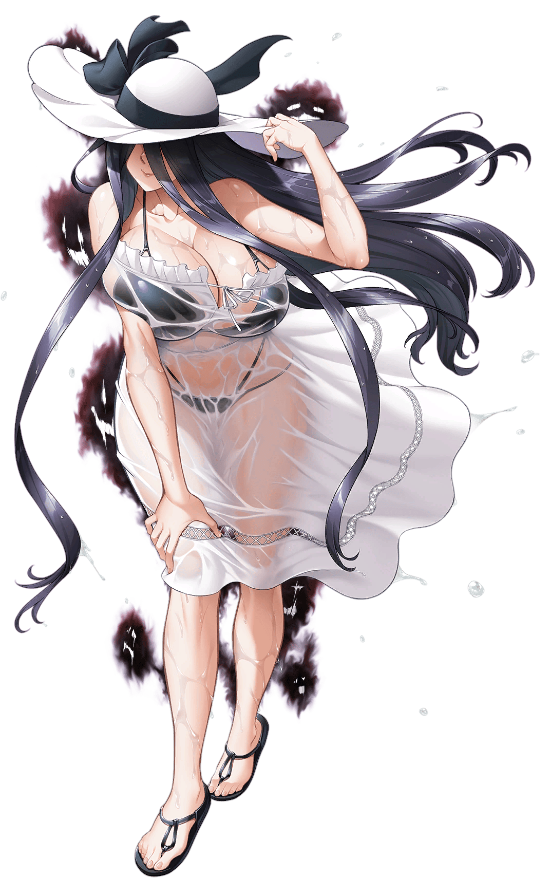 zol, shinonome yahiro, taimanin (series), taimanin rpgx, highres, official art, 1girl, :>, bikini, bikini under clothes, black bikini, black hair, breasts, cleavage, curvy, dress, floating hair, full body, hair over eyes, hand on own knee, hat, long hair, sandals, see-through clothes, shiny skin, smile, soaking feet, solo, spaghetti strap, standing, sun hat, swimsuit, transparent background, very long hair, water, wet, wet clothes, white dress, wide hips
