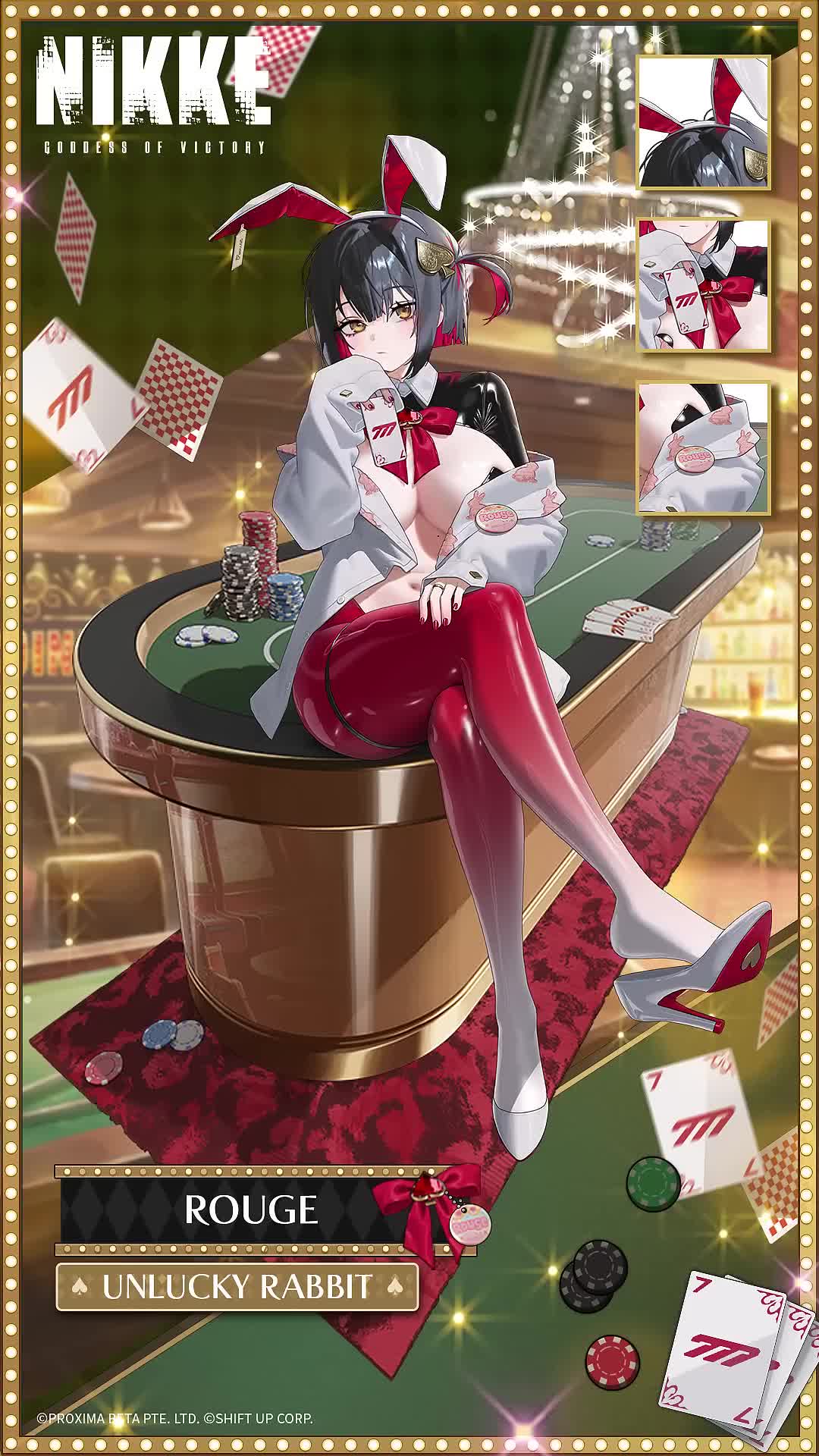 rouge (nikke), rouge (unlucky rabbit) (nikke), goddess of victory: nikke, animated, game cg, live2d, official art, tagme, video, 1girl, animal ears, black hair, bouncing breasts, breasts, casino, crossed legs, fake animal ears, heart pasties, high heels, huge breasts, jacket, multicolored hair, pasties, rabbit ears, red hair, revealing clothes, reverse bunnysuit, reverse outfit, ribbon, sitting, smile, solo, spade pasties, stiletto heels