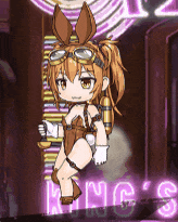victoria esta, lilith-soft, taimanin (series), taimanin rpgx, animated, animated gif, lowres, official art, 1girl, :o, alternate hairstyle, animal ears, bouncing breasts, breasts, brown eyes, brown hair, chibi, cleavage, covered navel, curvy, fake animal ears, flying, goggles, goggles on head, highleg, highleg leotard, leotard, long hair, looking ahead, navel, official alternate costume, playboy bunny, rabbit ears, shiny skin, small breasts, smile, solo, strapless, strapless leotard, thighhighs, twintails, two side up, wide hips