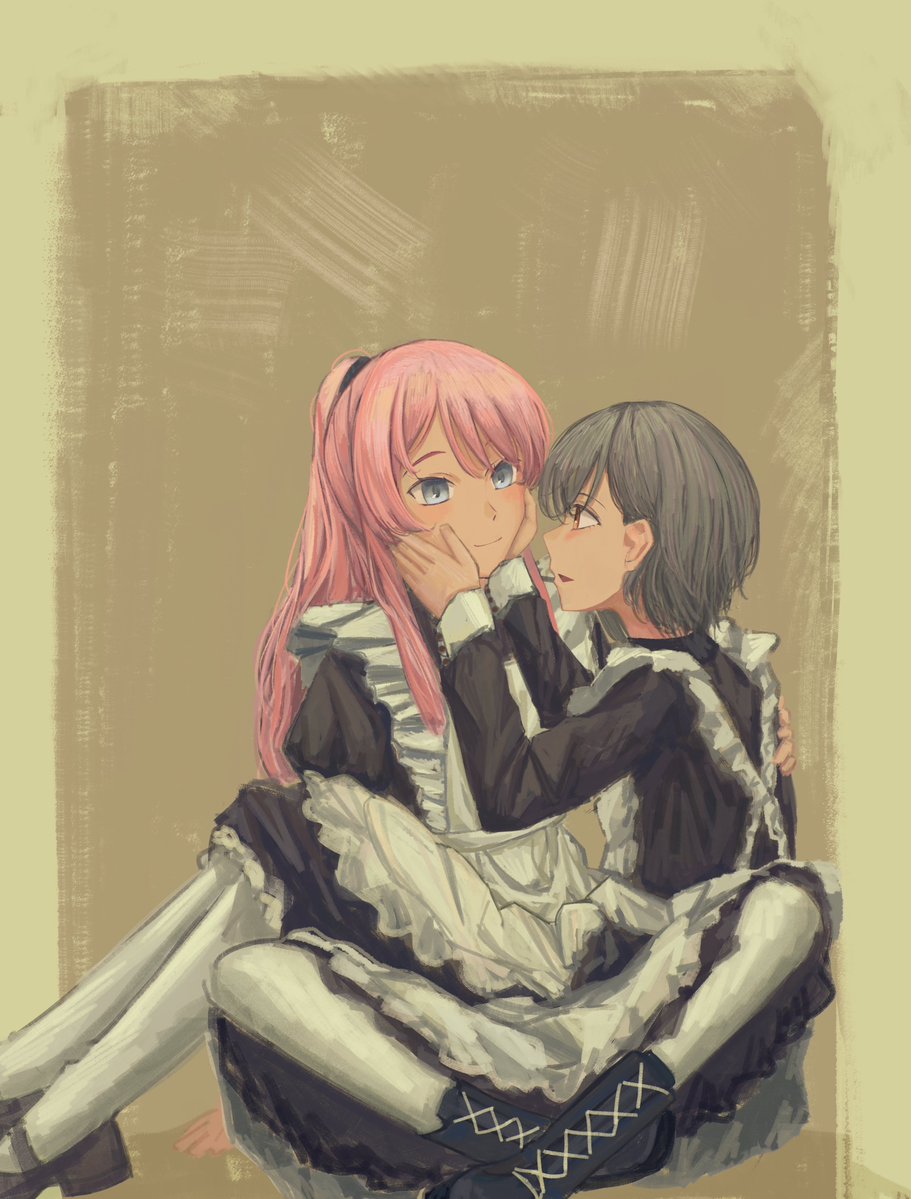 kirei 233, chihaya anon, takamatsu tomori, bang dream!, bang dream! it's mygo!!!!!, commentary, hashtag-only commentary, 2girls, apron, black boots, black dress, boots, closed mouth, dress, grey eyes, grey hair, hands on another's face, long hair, long sleeves, maid, maid apron, multiple girls, panties, parted lips, pink hair, red eyes, short hair, sitting, sitting on lap, sitting on person, smile, underwear, white apron, white panties, yuri