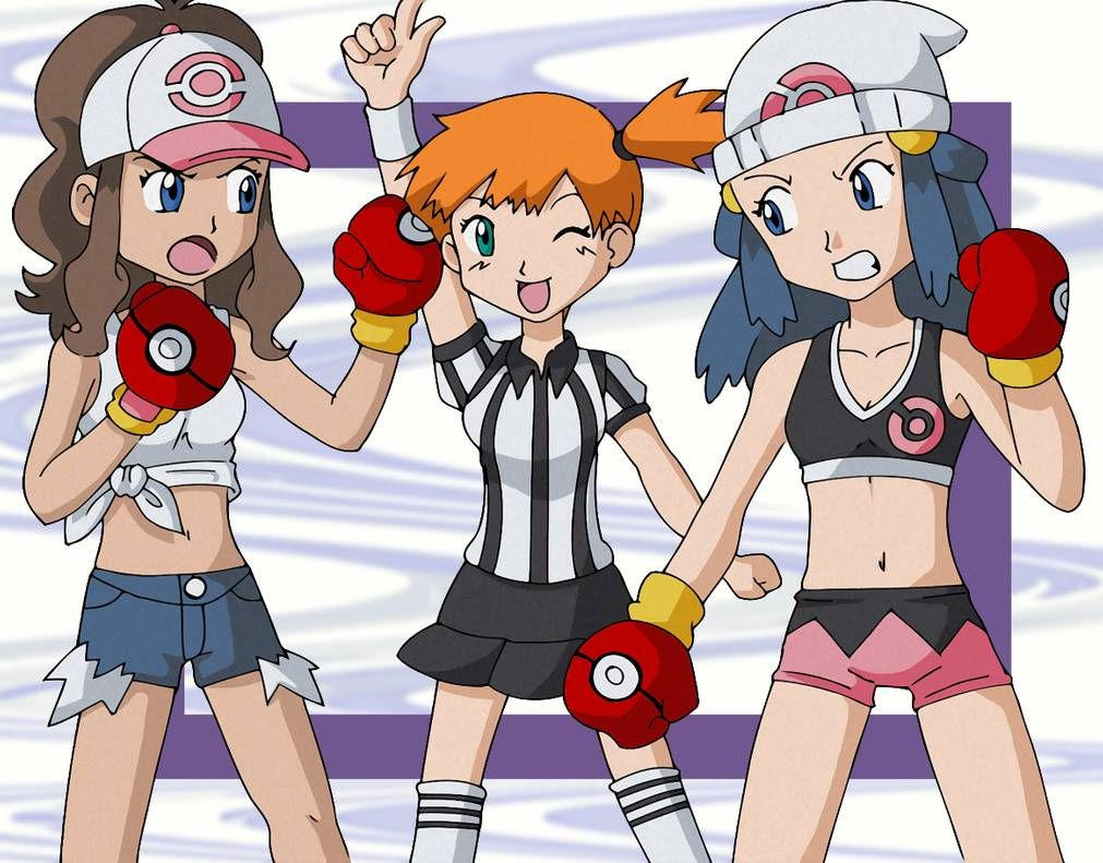 glee-chan, dawn (pokemon), hilda (pokemon), misty (pokemon), nintendo, pokemon, pokemon bw, pokemon dppt, pokemon rgby, angry, arm up, black skirt, black sports bra, blue eyes, boxing gloves, breasts, denim, denim shorts, hair ornament, hat, high ponytail, kneehighs, navel, one eye closed, orange hair, poke ball, ponytail, referee, shorts, sidelocks, simple background, skirt, small breasts, smile, socks, sports bra, sportswear, white hat, white socks