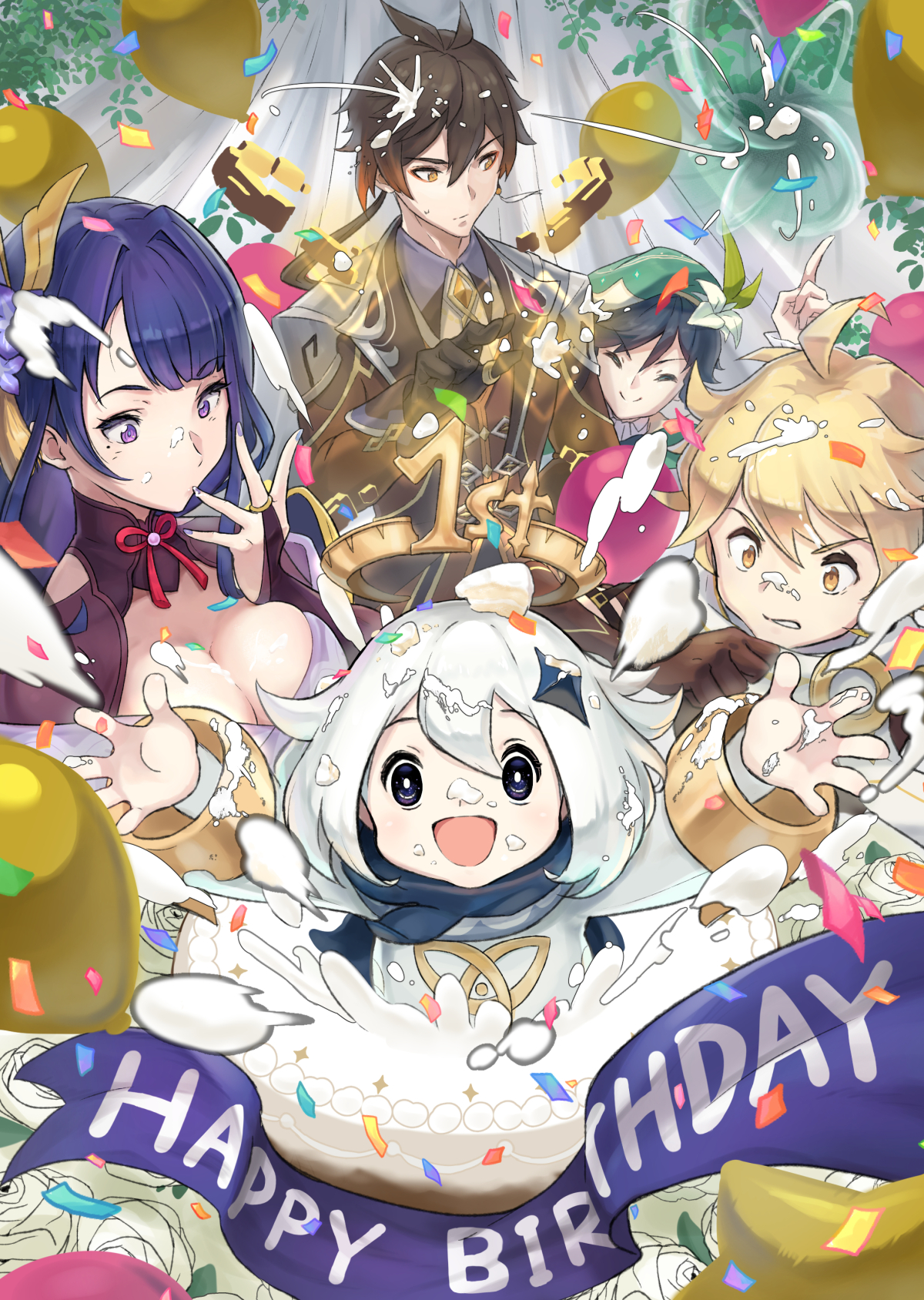 takeclaire, aether (genshin impact), paimon (genshin impact), raiden shogun, venti (genshin impact), zhongli (genshin impact), genshin impact, highres, mixed-language commentary, 2girls, 3boys, ahoge, anniversary, armor, arms up, balloon, birthday cake, black gloves, blonde hair, blue eyes, blunt bangs, blurry, braid, breasts, bridal gauntlets, brown hair, brown suit, cake, chinese clothes, cleavage, clenched teeth, closed eyes, closed mouth, clothing cutout, confetti, depth of field, flower, flower ornament, food, food on face, formal clothes, friends, gloves, gradient hair, green hair, green hat, hair between eyes, hair intakes, hair ornament, halo, happy, happy anniversary, happy birthday, hat, head tilt, headpiece, huge breasts, japanese clothes, large breasts, long braid, long hair, long sleeves, looking at viewer, looking down, looking to the side, mole, mole under eye, motion blur, multicolored hair, multiple boys, multiple girls, neck ribbon, off shoulder, open mouth, orange eyes, purple eyes, purple flower, purple hair, purple nails, red ribbon, ribbon, shade, short hair, shoulder armor, shoulder cutout, single braid, suit, sweets, teeth, white hair
