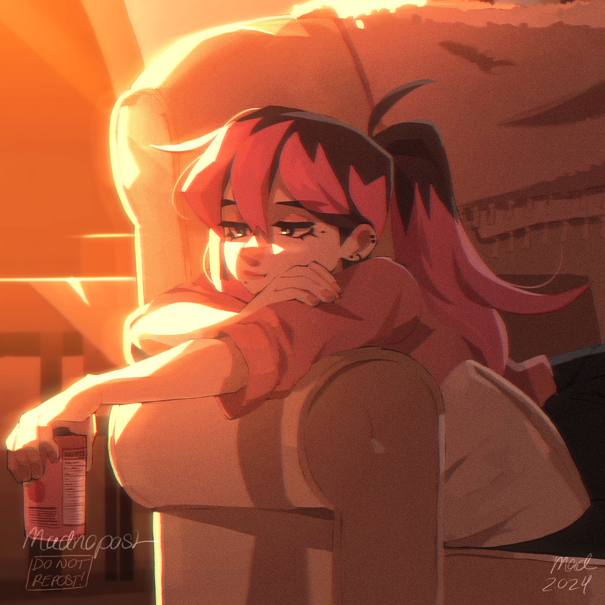 madnopost, aubrey (faraway) (omori), aubrey (omori), omori, highres, 1girl, 2024, alternate costume, alternate hair color, alternate hairstyle, alternate universe, artist name, black hair, closed mouth, double-parted bangs, ear piercing, hair between eyes, indoors, long hair, lying, mole, mole under eye, mole under mouth, multicolored hair, on stomach, piercing, pink hair, ponytail, short sleeves, solo, two-tone hair