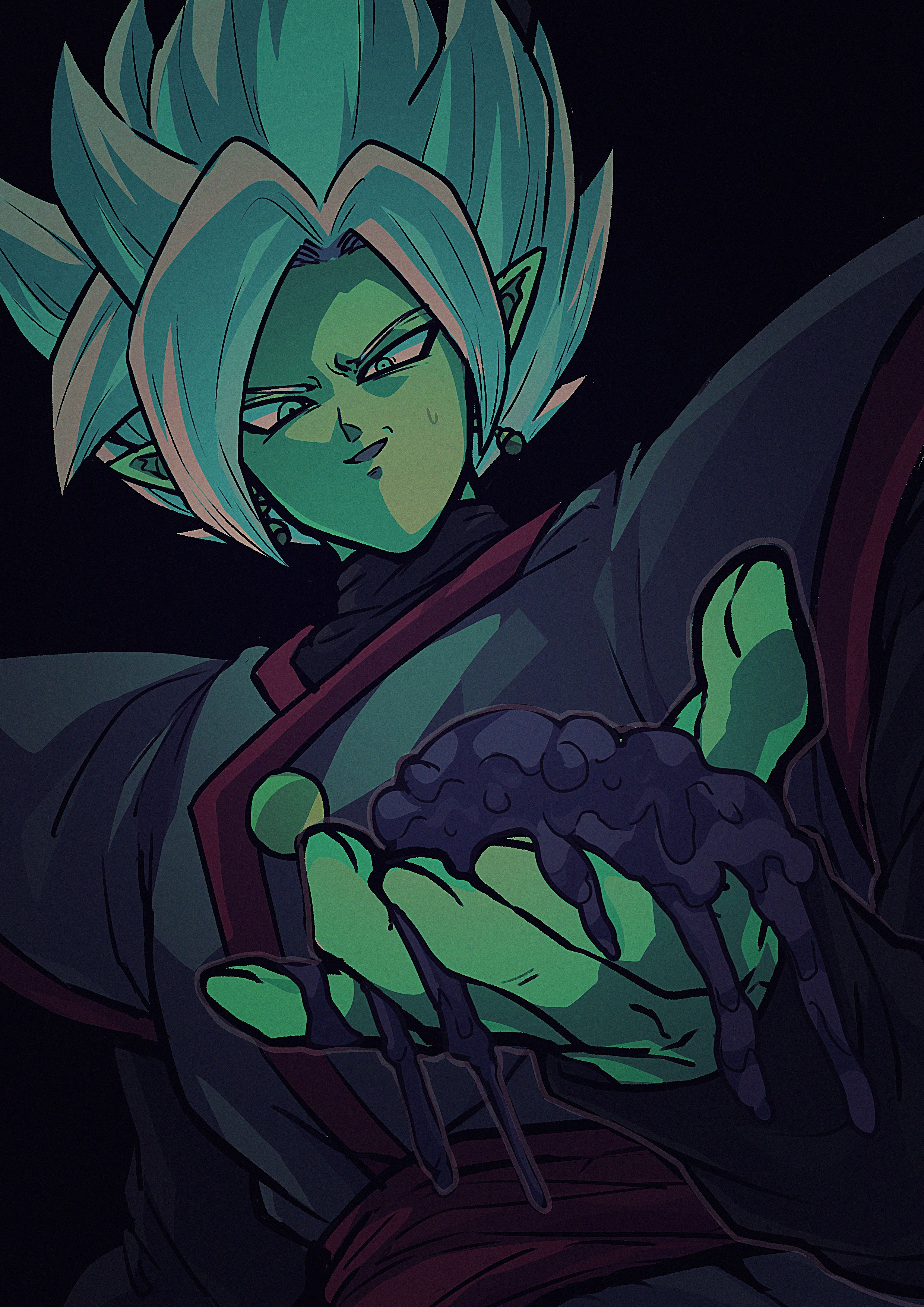 otyumamii, fused zamasu, zamasu, dragon ball, dragon ball super, absurdres, highres, 1boy, black background, black shirt, colored skin, earrings, gem, green eyes, green gemstone, green skin, grey vest, jewelry, kaioushin, looking at object, male focus, open mouth, pointy ears, potara earrings, shirt, short hair, slime (substance), solo, sphere earrings, spiked hair, sweatdrop, upper body, vest, white hair