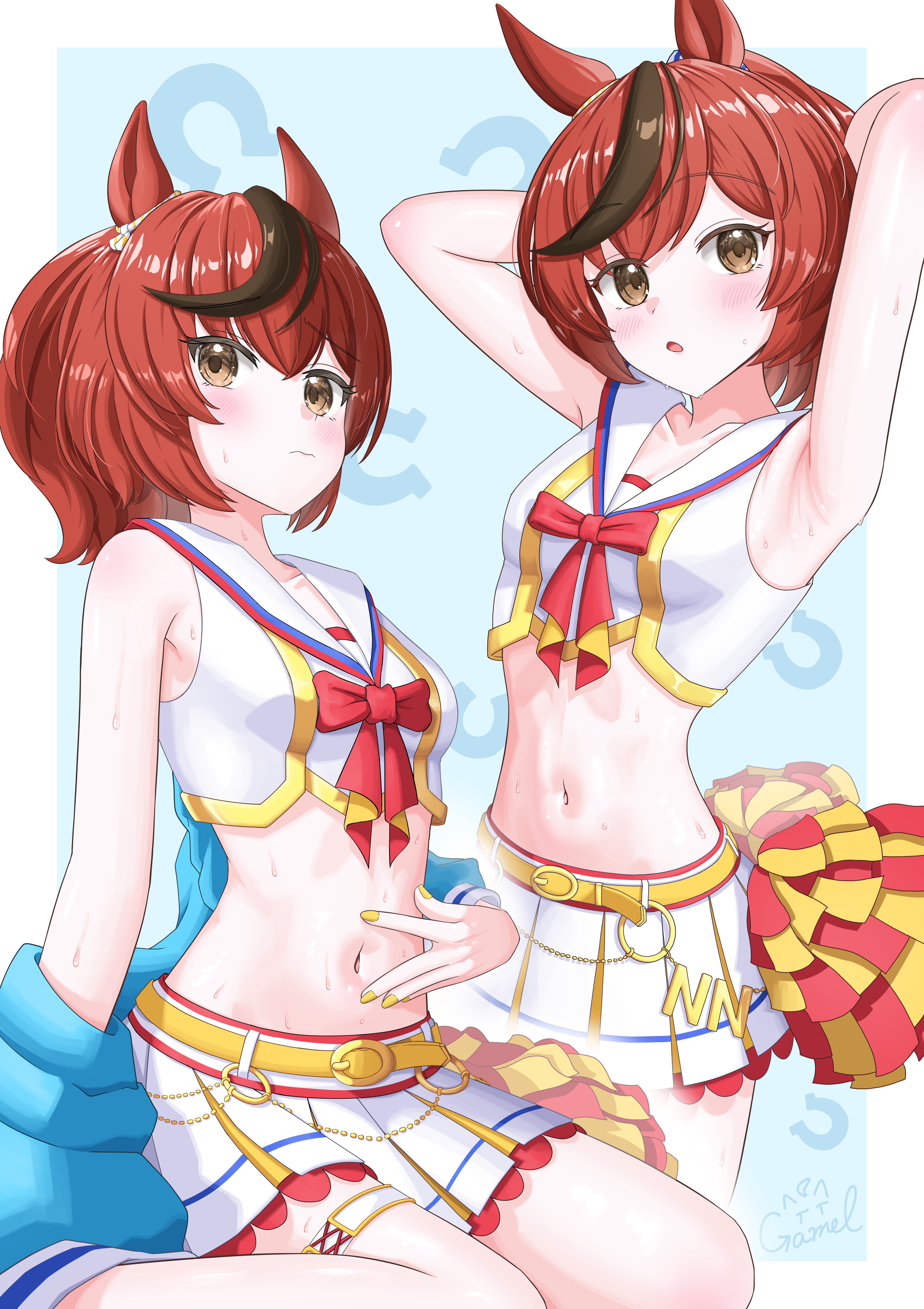 gamel 120, nice nature (run&win) (umamusume), nice nature (umamusume), umamusume, absurdres, highres, 1girl, animal ears, armpits, arms up, belt, black streaks, blue jacket, bow, bowtie, brown eyes, brown hair, cheerleader, closed mouth, crop top, ear ornament, fingernails, horse ears, horse girl, jacket, multiple views, nail polish, official alternate costume, open mouth, pom pom (cheerleading), red bow, red bowtie, sailor collar, shirt, skirt, spread navel, sweat, white sailor collar, white shirt, white skirt, yellow belt, yellow nails