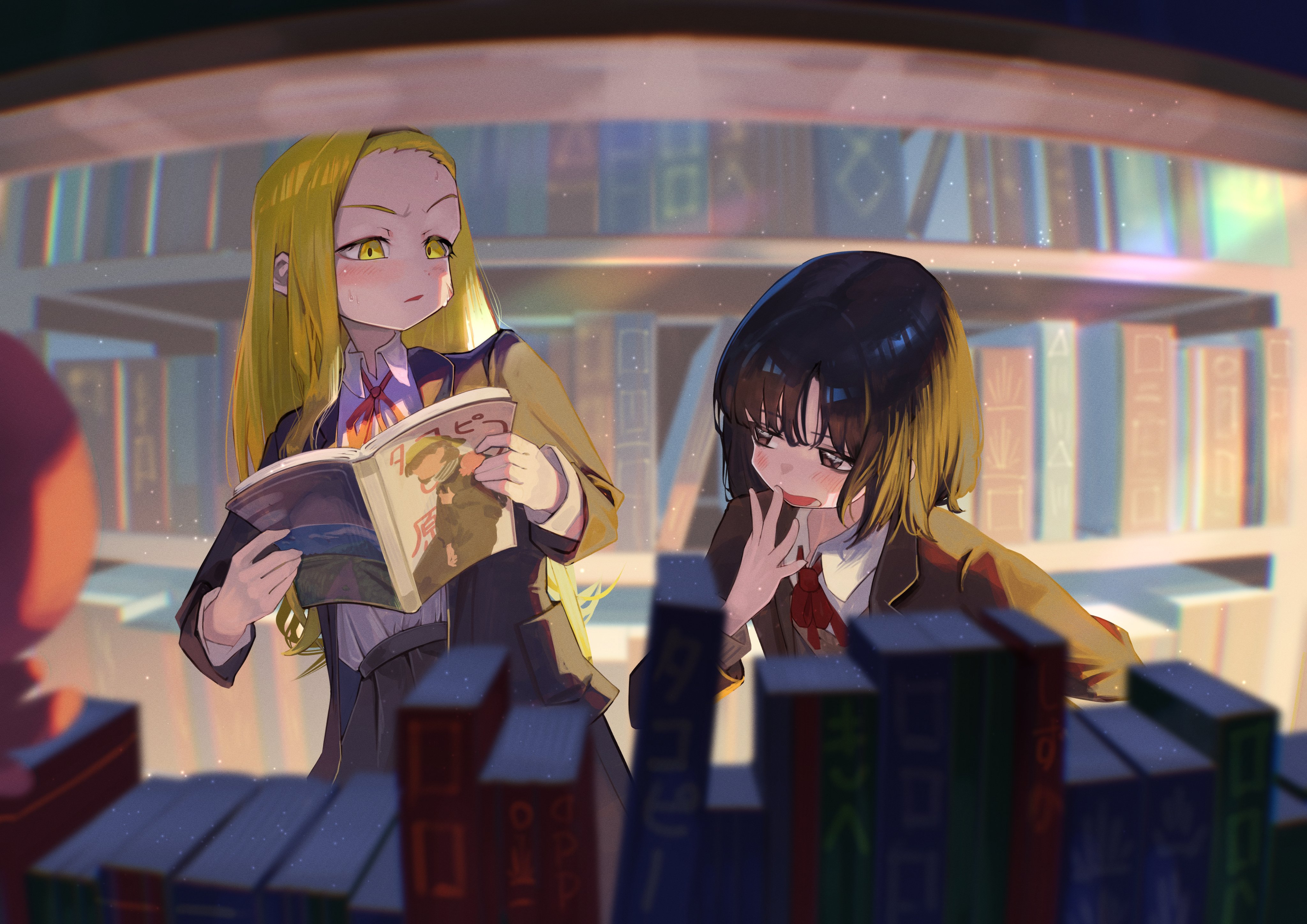kyo no neko, kirarazaka marina, kuze shizuka, takopii no genzai, absurdres, commentary, highres, 2girls, black hair, black hairband, black jacket, black skirt, blonde hair, blush, book, collared shirt, hairband, holding, holding book, jacket, library, light particles, long hair, medium hair, multiple girls, neck ribbon, open mouth, parted lips, pleated skirt, red ribbon, ribbon, school uniform, shirt, skirt, smile, sweat, white shirt, yellow eyes