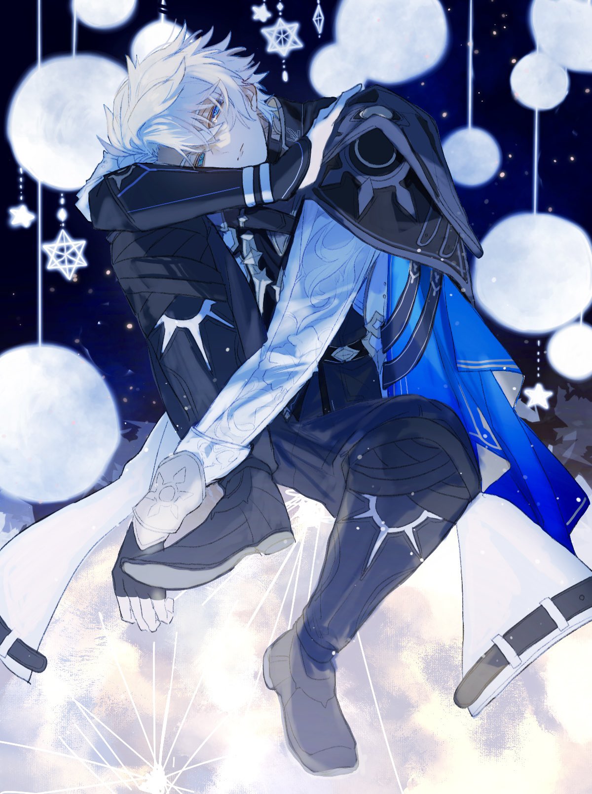 deng (wwzvte59ec98660), phainon (honkai: star rail), honkai: star rail, honkai (series), commentary request, highres, 1boy, antenna hair, armor, black boots, black choker, black gloves, black pants, blue cape, blue eyes, blue sky, boots, cape, choker, closed mouth, crossed bangs, fingerless gloves, full body, full moon, gloves, hair between eyes, hand on own shoulder, hand up, jacket, long sleeves, looking at viewer, male focus, moon, night, night sky, pants, sad, short hair, shoulder armor, single glove, sitting, sky, solo, star (sky), star ornament, starry sky, sun symbol, tearing up, white hair, white jacket