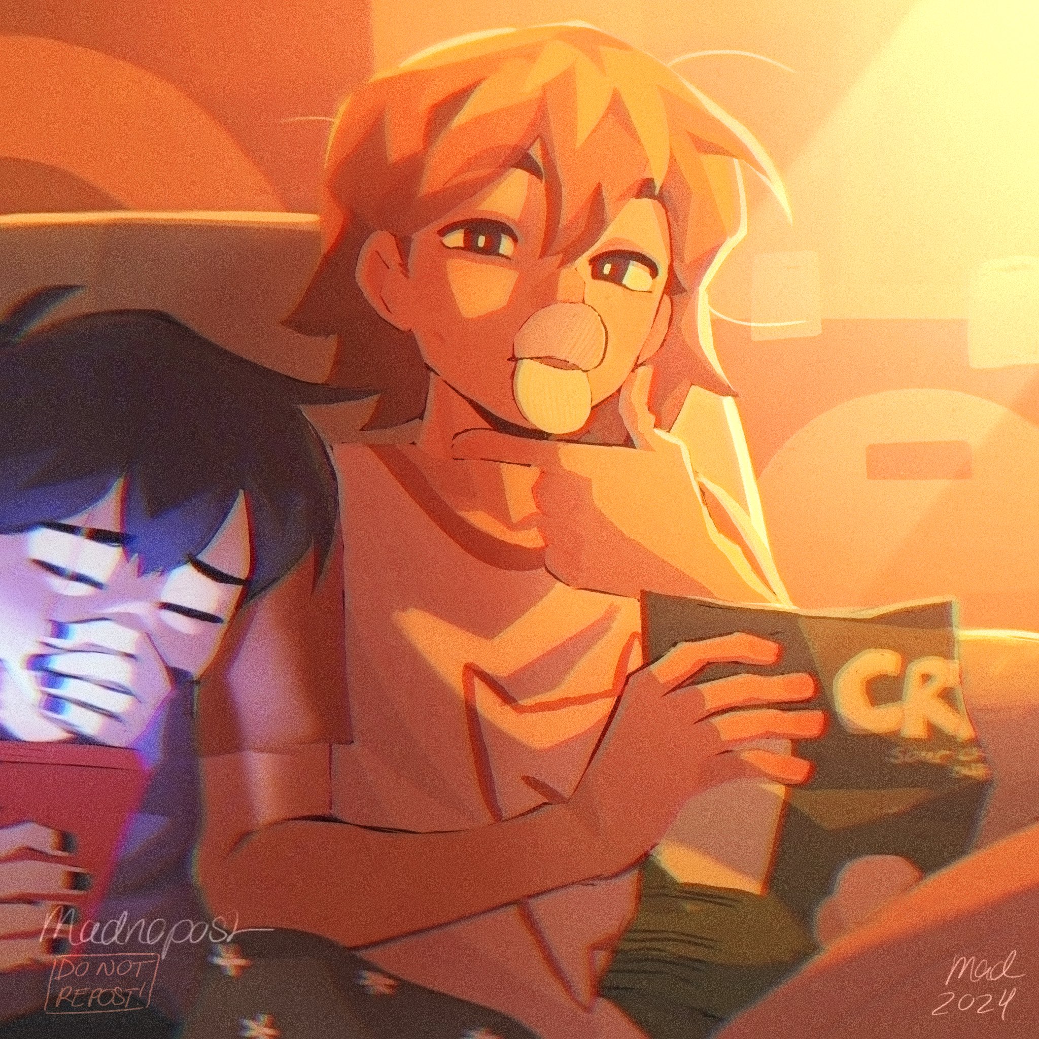 madnopost, kel (faraway) (omori), kel (omori), sunny (omori), omori, highres, spoilers, 2024, 2boys, alternate costume, alternate eye color, alternate universe, antenna hair, artist name, black eyes, black hair, black nails, bright pupils, brown hair, chips (food), closed eyes, covering own mouth, dark-skinned male, dark skin, double-parted bangs, food, hair between eyes, long sleeves, looking at viewer, male focus, multiple boys, scar, scar across eye, scar on face, short hair, short sleeves, sitting, white pupils