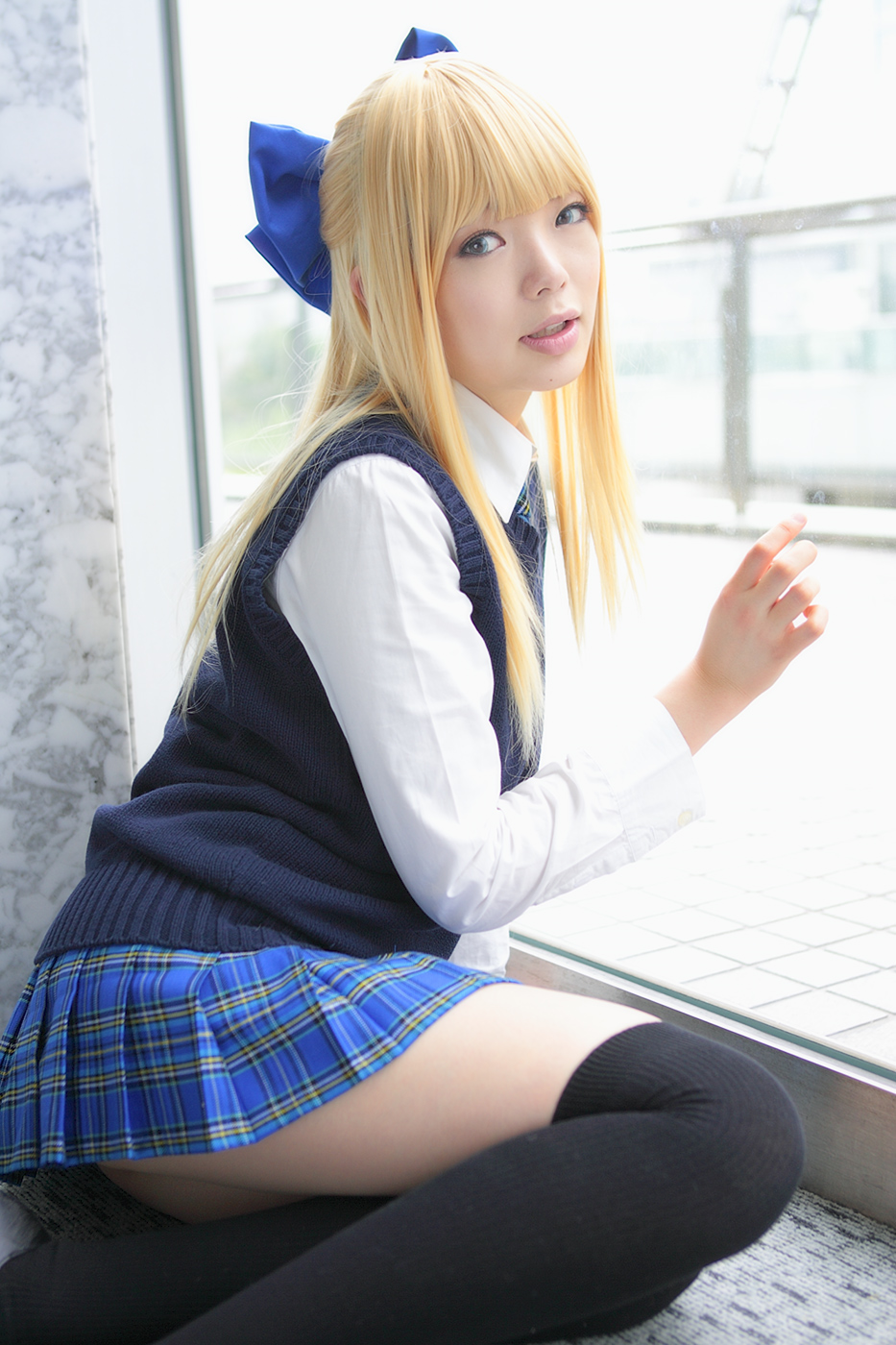 namada, character request, highres, photo (medium), 1girl, against glass, asian, black shoes, black thighhighs, blonde hair, blue eyes, blue ribbon, blurry, bow, breasts, color contacts, cosplay, depth of field, dress shirt, female focus, hair bow, indoors, looking at viewer, looking to the side, miniskirt, on floor, parted lips, pleated skirt, ribbon, school uniform, shirt, shoes, sitting, skirt, small breasts, solo, sweater vest, thighhighs, white shirt, window, yokozuwari, zettai ryouiki