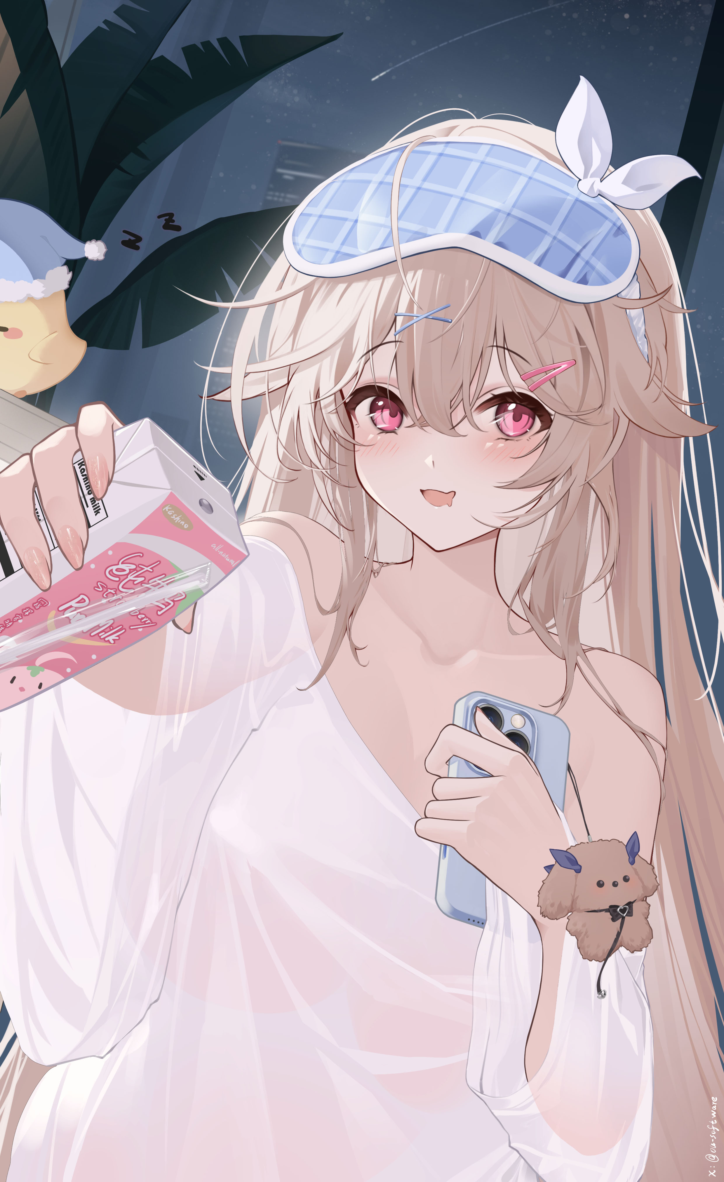 huang (pixiv3580877), anchorage (azur lane), anchorage (sweet evening milk) (azur lane), manjuu (azur lane), azur lane, absurdres, commentary request, highres, 1girl, blush, breasts, brown hair, charm (object), drooling, hair between eyes, holding, holding milk carton, holding phone, indoors, large breasts, long hair, looking at viewer, mask, mask on head, milk carton, mouth drool, open mouth, phone, pink eyes, see-through clothes, see-through shirt, see-through silhouette, shirt, sleep mask, smile, white shirt