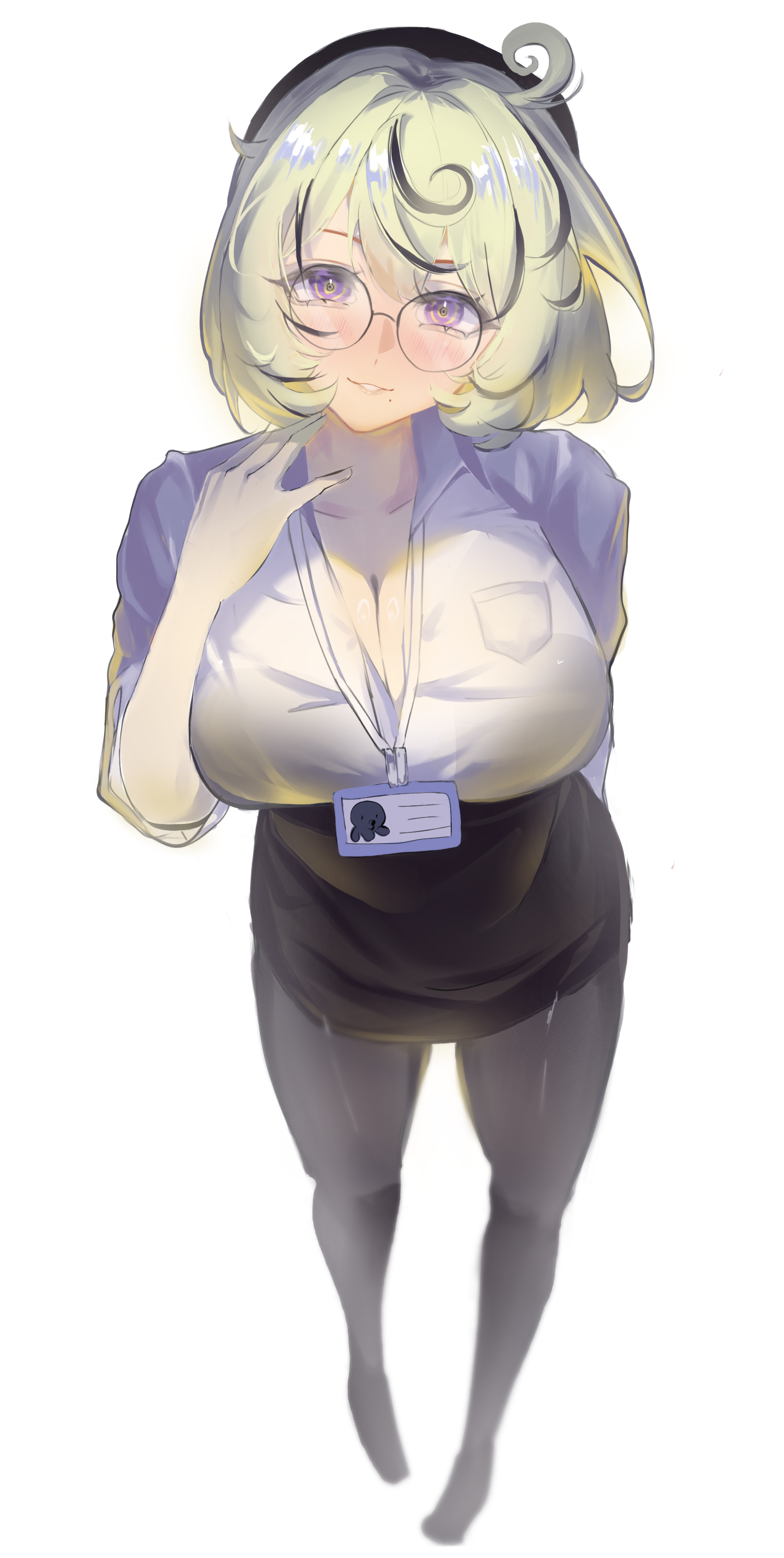 yidhari (zenless zone zero), zenless zone zero, absurdres, highres, 1girl, alternate costume, breasts, collared shirt, kai798, large breasts, mole, mole under eye, multicolored eyes, multicolored hair, octopus, pantyhose, ringed eyes, round eyewear, shirt, simple background, solo, streaked hair, white background, white shirt