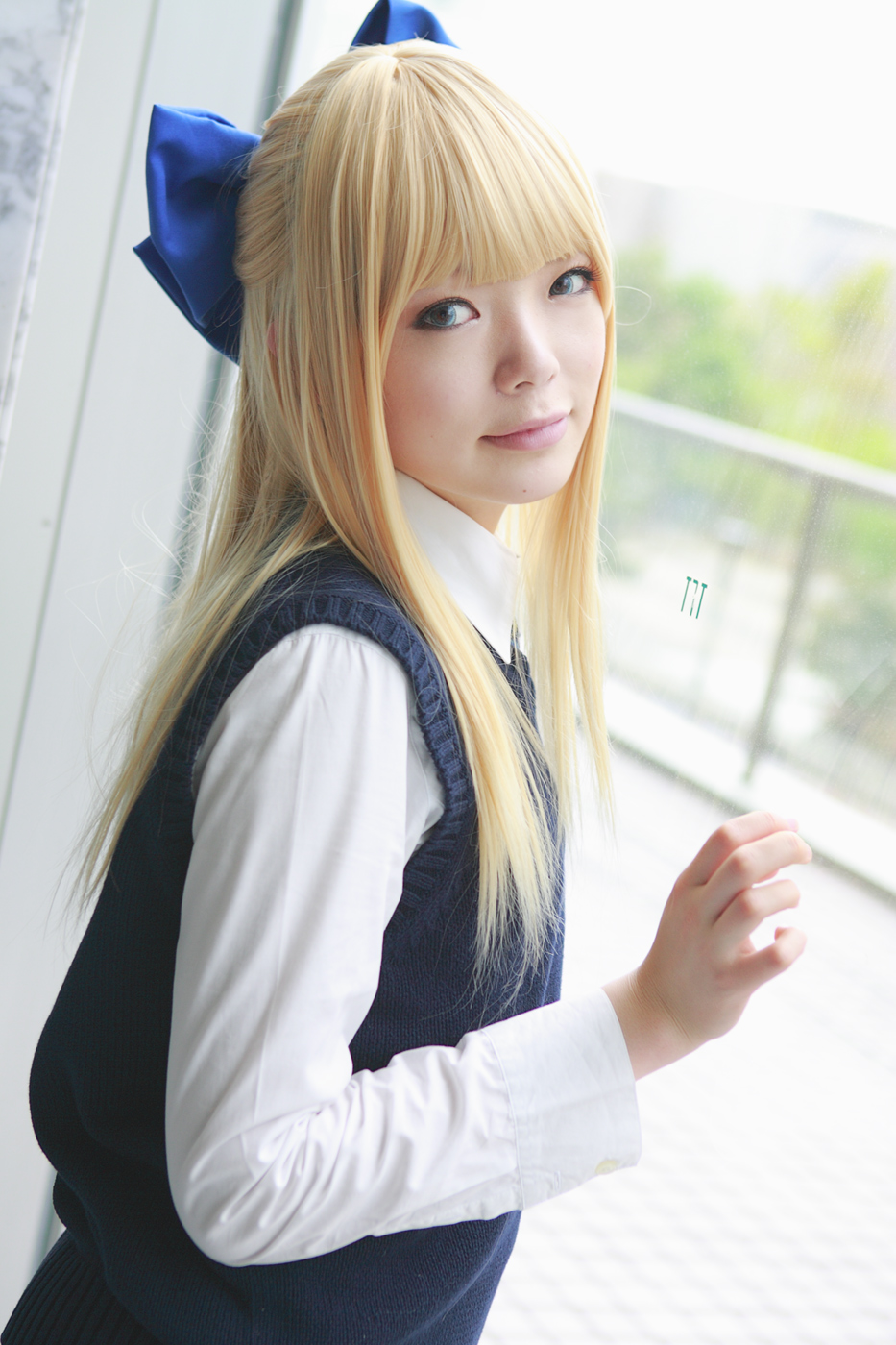 namada, character request, highres, photo (medium), 1girl, against glass, asian, blonde hair, blue eyes, blue ribbon, blurry, bow, breasts, color contacts, cosplay, depth of field, dress shirt, dutch angle, female focus, hair bow, indoors, looking at viewer, looking to the side, mole, mole under mouth, ribbon, school uniform, shirt, small breasts, solo, standing, sweater vest, white shirt, window