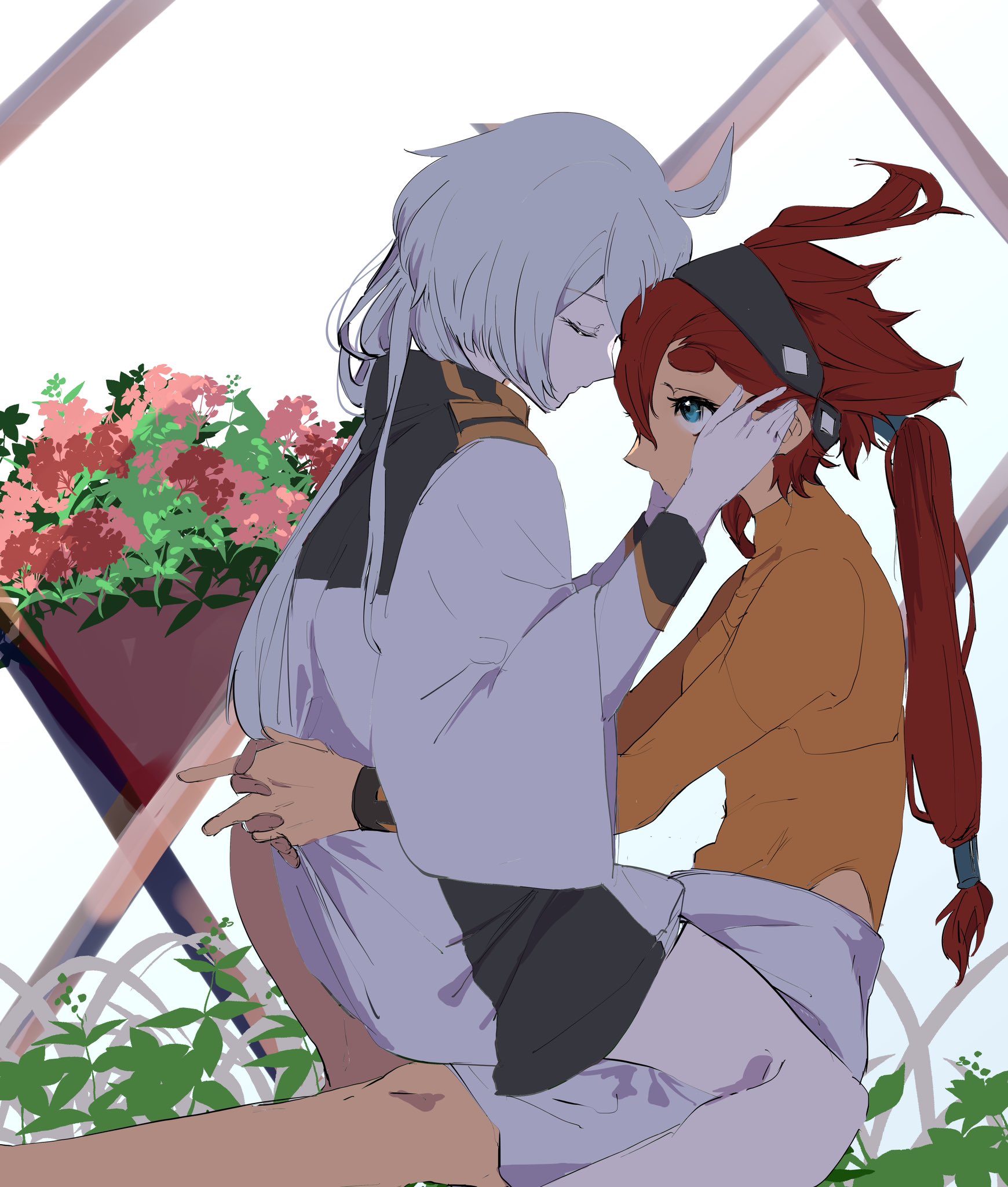 kayumikayumi, miorine rembran, suletta mercury, gundam, gundam suisei no majo, commentary, hashtag-only commentary, highres, 2girls, asticassia school uniform, black hairband, blue eyes, bodysuit, closed eyes, flower, hairband, hand on another's face, hand on another's waist, jacket, long hair, multiple girls, orange bodysuit, own hands together, pink flower, ponytail, red flower, red hair, school uniform, sitting, sitting on lap, sitting on person, thick eyebrows, white background, white hair, white jacket, yuri
