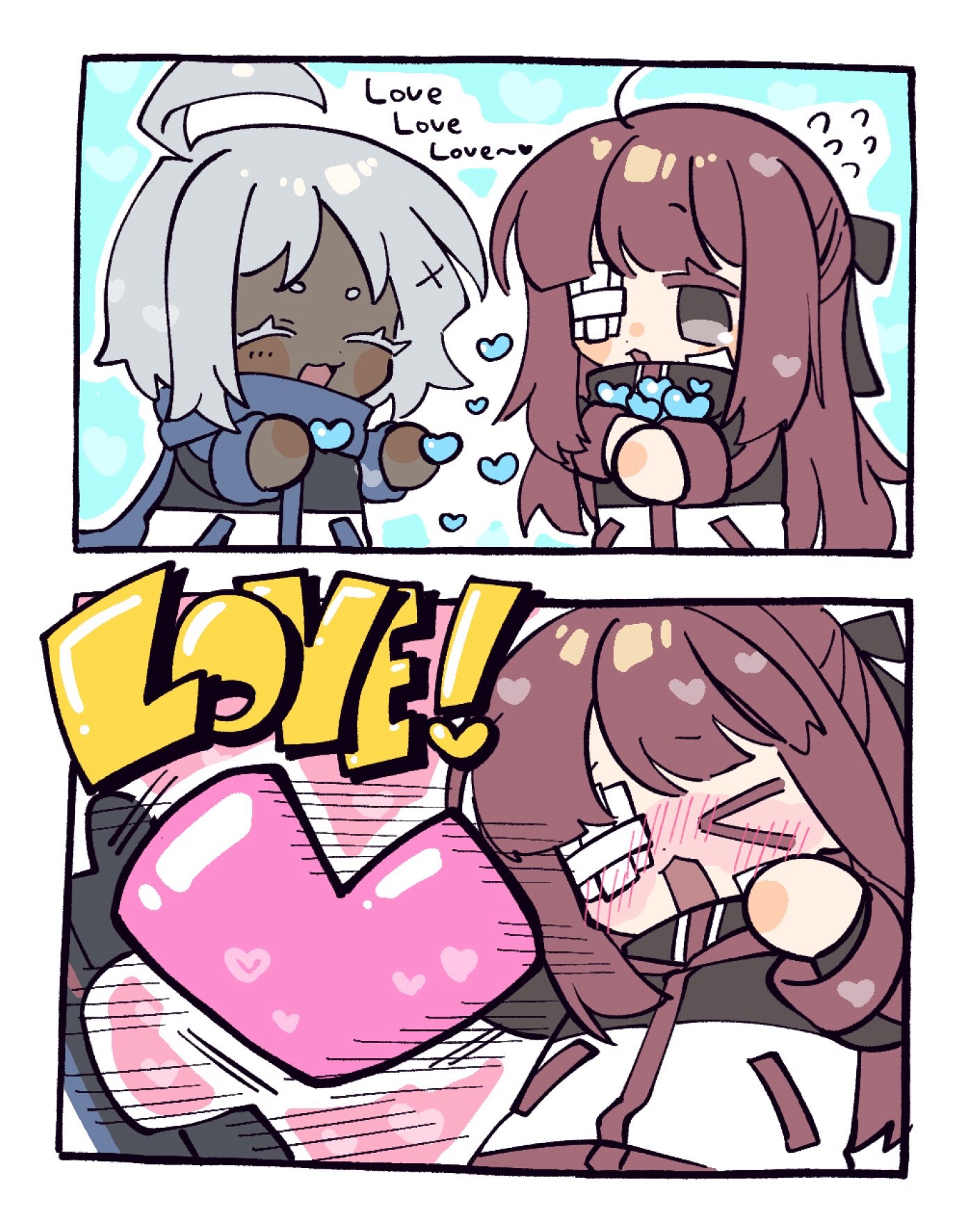 nantekottawo!!, aya (project moon), yuri (project moon), limbus company, project moon, highres, > <, 2girls, ahoge, black bow, black jacket, blue scarf, bow, dark-skinned female, dark skin, gauze, gauze over eye, hands up, heart, jacket, long hair, multiple girls, pink hair, scarf, short hair, sidelocks, white hair, yuri