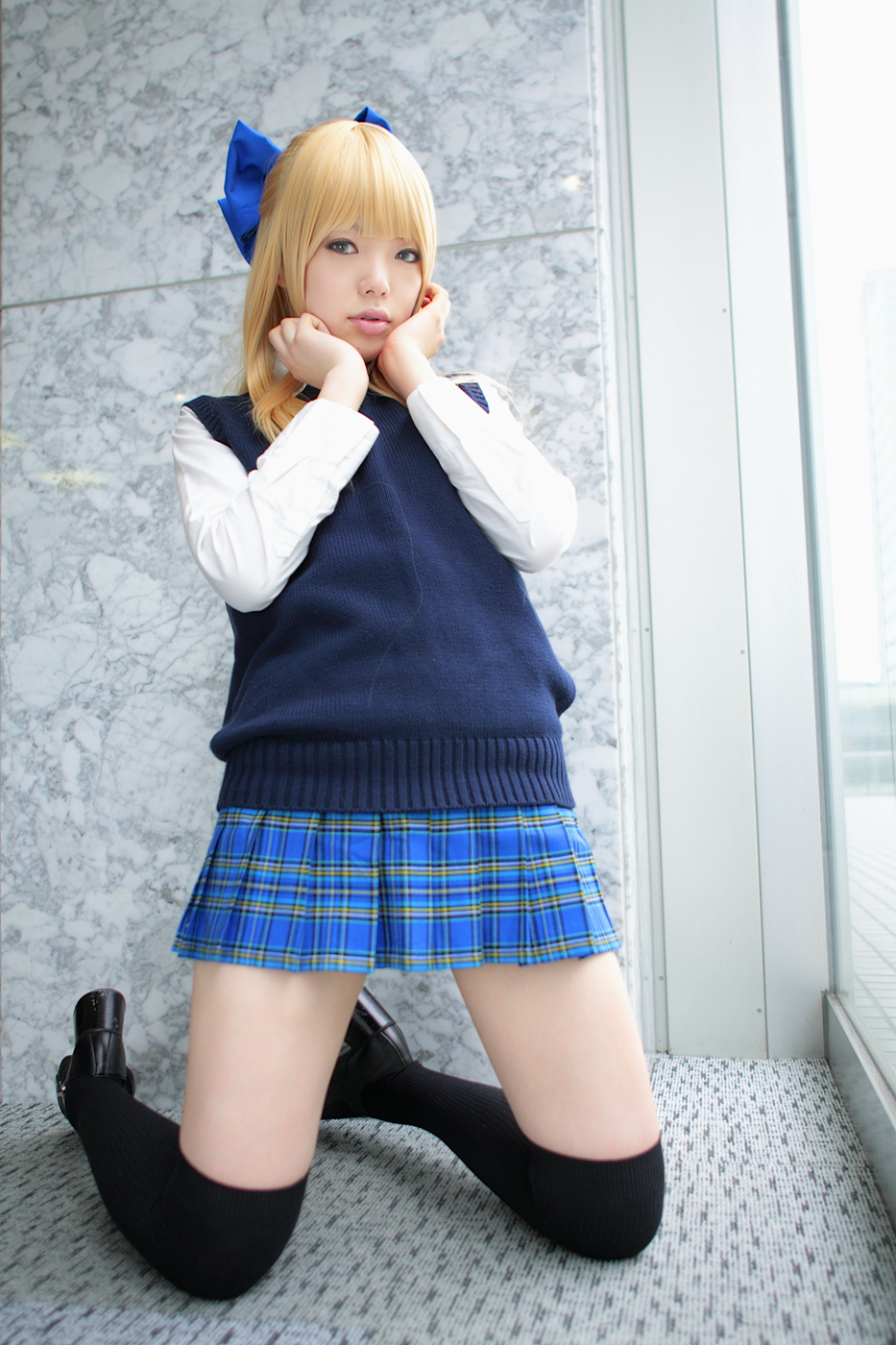 namada, character request, highres, photo (medium), 1girl, asian, black shoes, black thighhighs, blonde hair, blue eyes, blue ribbon, blurry, bow, breasts, color contacts, cosplay, depth of field, dress shirt, female focus, hair bow, high heels, indoors, kneeling, looking at viewer, mary janes, miniskirt, necktie, on floor, parted lips, plaid clothes, plaid skirt, pleated skirt, ribbon, rug, school uniform, shirt, shoes, skirt, small breasts, solo, sweater vest, thighhighs, white shirt, window, zettai ryouiki