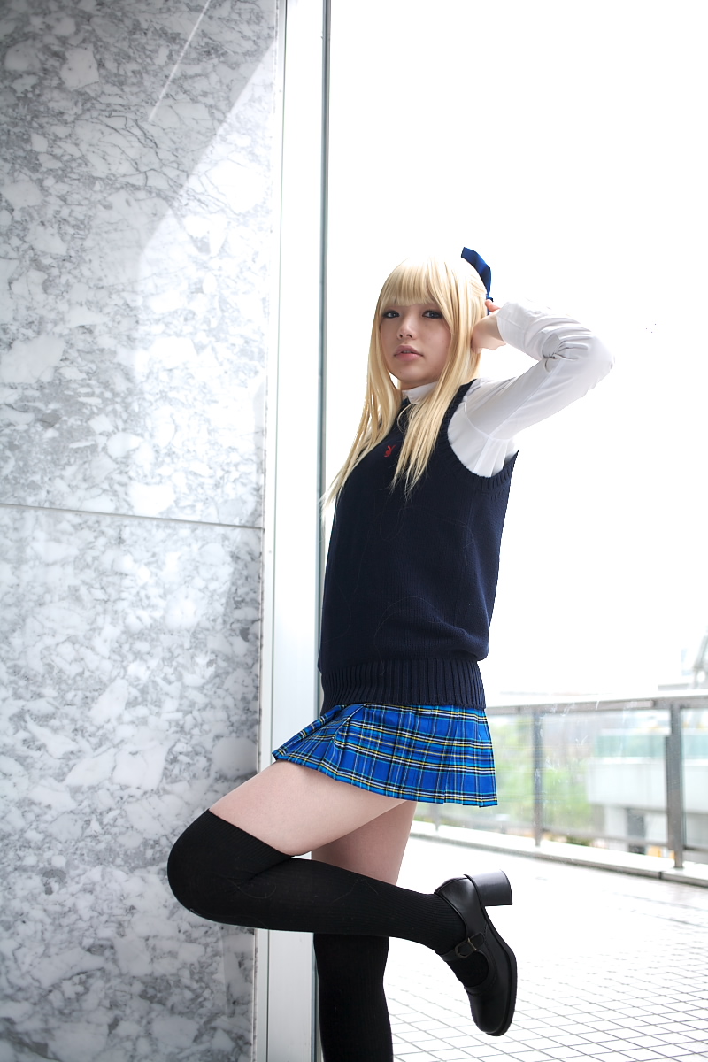 namada, character request, highres, photo (medium), 1girl, against glass, asian, black shoes, black thighhighs, blonde hair, blue eyes, blue ribbon, blurry, bow, breasts, color contacts, cosplay, depth of field, dress shirt, female focus, hair bow, high heels, indoors, leg up, looking at viewer, mary janes, miniskirt, mole, mole under mouth, necktie, plaid clothes, plaid skirt, pleated skirt, ribbon, school uniform, shirt, shoes, skirt, small breasts, solo, standing, sweater vest, thighhighs, white shirt, window, zettai ryouiki
