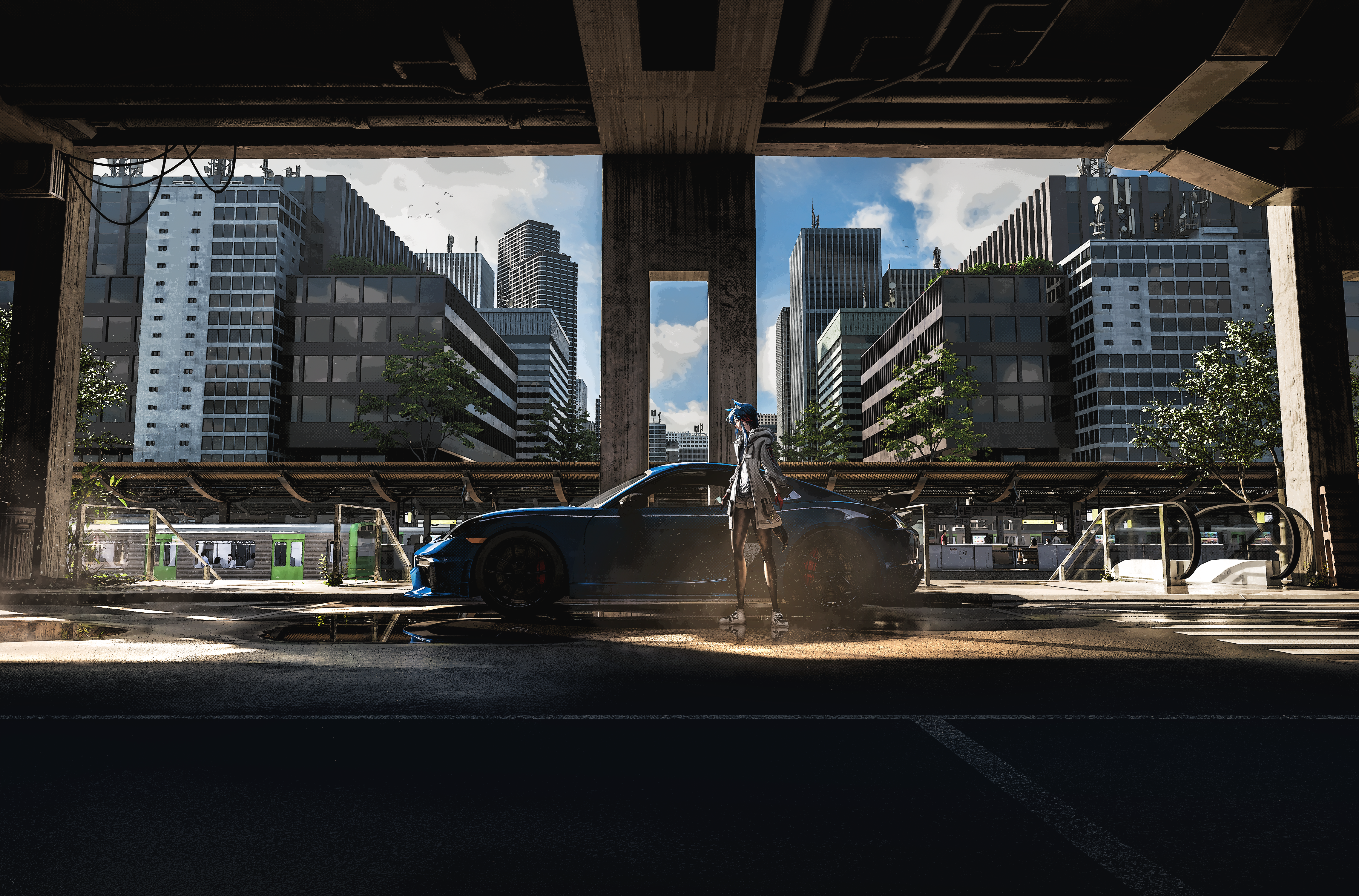 lit for 20, texas (arknights), texas (winter messenger) (arknights), arknights, porsche, absurdres, commentary, english commentary, highres, 1girl, animal ear fluff, animal ears, antennae, bird, black hair, black pantyhose, black shirt, bloom, blue car, blue sky, brown eyes, building, bush, cable, car, city, cityscape, cloud, cloudy sky, coat, day, escalator, fur-trimmed hood, fur-trimmed jacket, fur-trimmed sleeves, fur trim, glass, gloves, hair between eyes, halftone, hood, id card, industrial pipe, jacket, light particles, long hair, long sleeves, motor vehicle, multicolored hair, official alternate costume, open clothes, outdoors, overpass, pantyhose, perspective, profile, puddle, railroad signal, railroad tracks, red gloves, red hair, reflection, reflective water, road, satellite, scenery, shade, shadow, shirt, shoes, short shorts, shorts, shoulder strap, sign, sky, skyscraper, solo, spoiler (automobile), standing, tail, train, trash can, tree, water, white jacket, white shoes, wide shot, window, winter clothes, winter coat, wolf ears, wolf girl, wolf tail