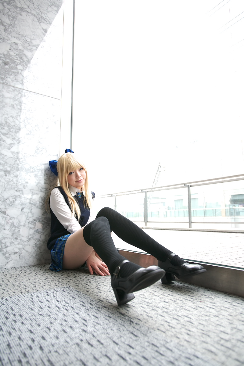 namada, character request, highres, photo (medium), 1girl, asian, black shoes, black thighhighs, blonde hair, blue eyes, blue ribbon, blurry, bow, breasts, color contacts, cosplay, depth of field, dress shirt, female focus, hair bow, head tilt, high heels, indoors, light smile, looking at viewer, mary janes, miniskirt, necktie, on floor, plaid clothes, plaid skirt, pleated skirt, ribbon, rug, school uniform, shirt, shoes, sitting, skirt, small breasts, solo, sweater vest, thighhighs, white shirt, window, zettai ryouiki