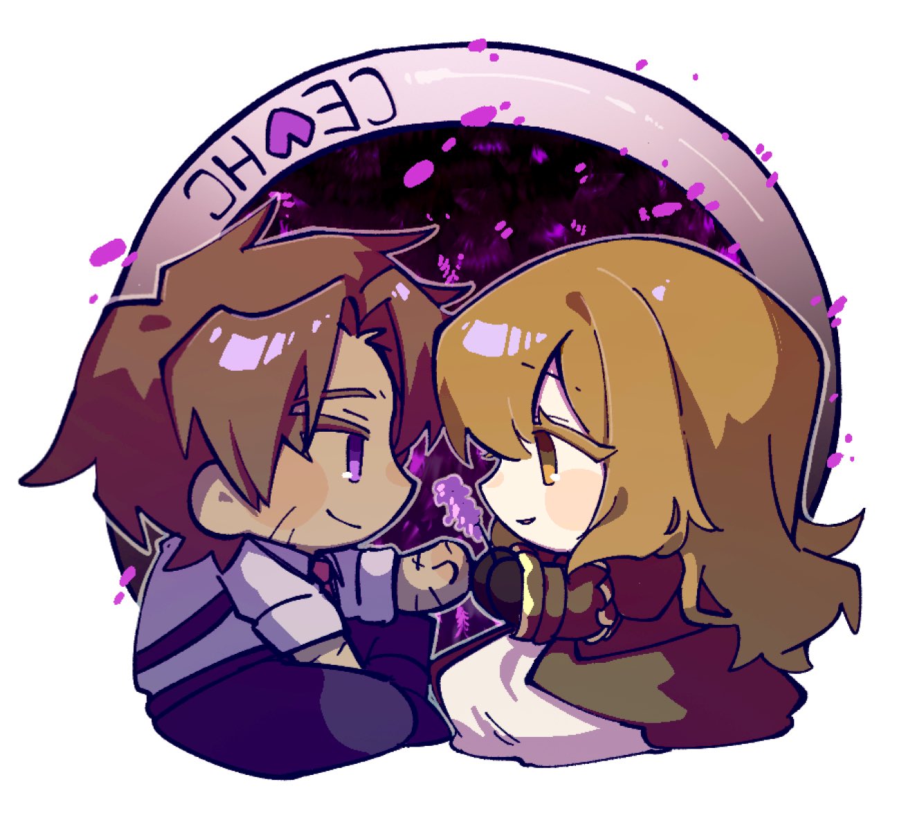 nantekottawo!!, catherine (project moon), heathcliff (project moon), limbus company, project moon, 1boy, 1girl, brown dress, brown eyes, brown gloves, brown hair, closed mouth, dress, flower, gloves, long sleeves, necktie, purple flower, red necktie, scar, shirt, sitting, smile, white shirt