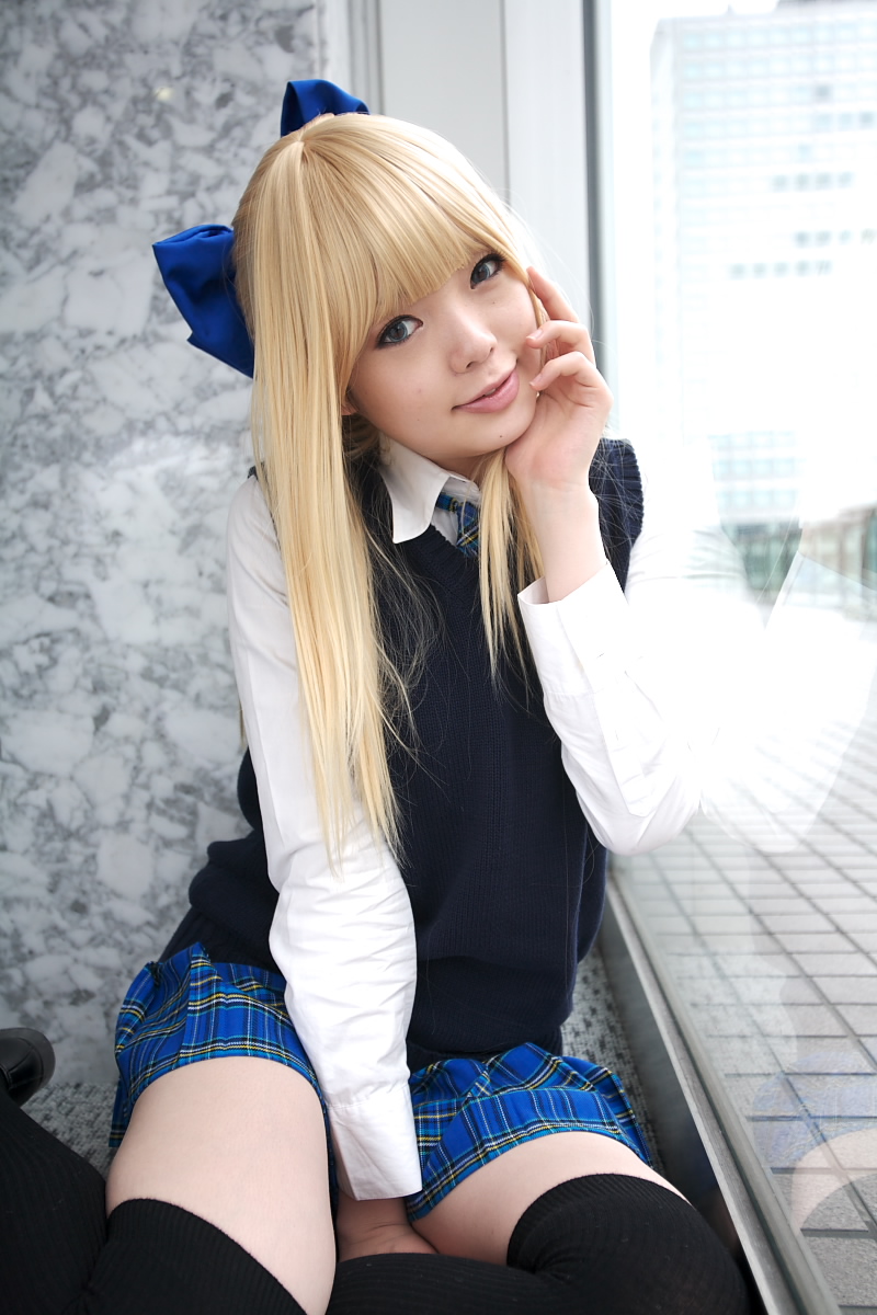 namada, black footwear, character request, highres, photo (medium), 1girl, against glass, asian, black thighhighs, blonde hair, blue eyes, blue ribbon, blurry, bow, breasts, color contacts, cosplay, depth of field, dress shirt, female focus, hair bow, head tilt, indoors, looking at viewer, miniskirt, on floor, parted lips, pleated skirt, reflection, ribbon, rug, school uniform, shirt, sitting, skirt, small breasts, solo, sweater vest, thighhighs, white shirt, window, yokozuwari, zettai ryouiki