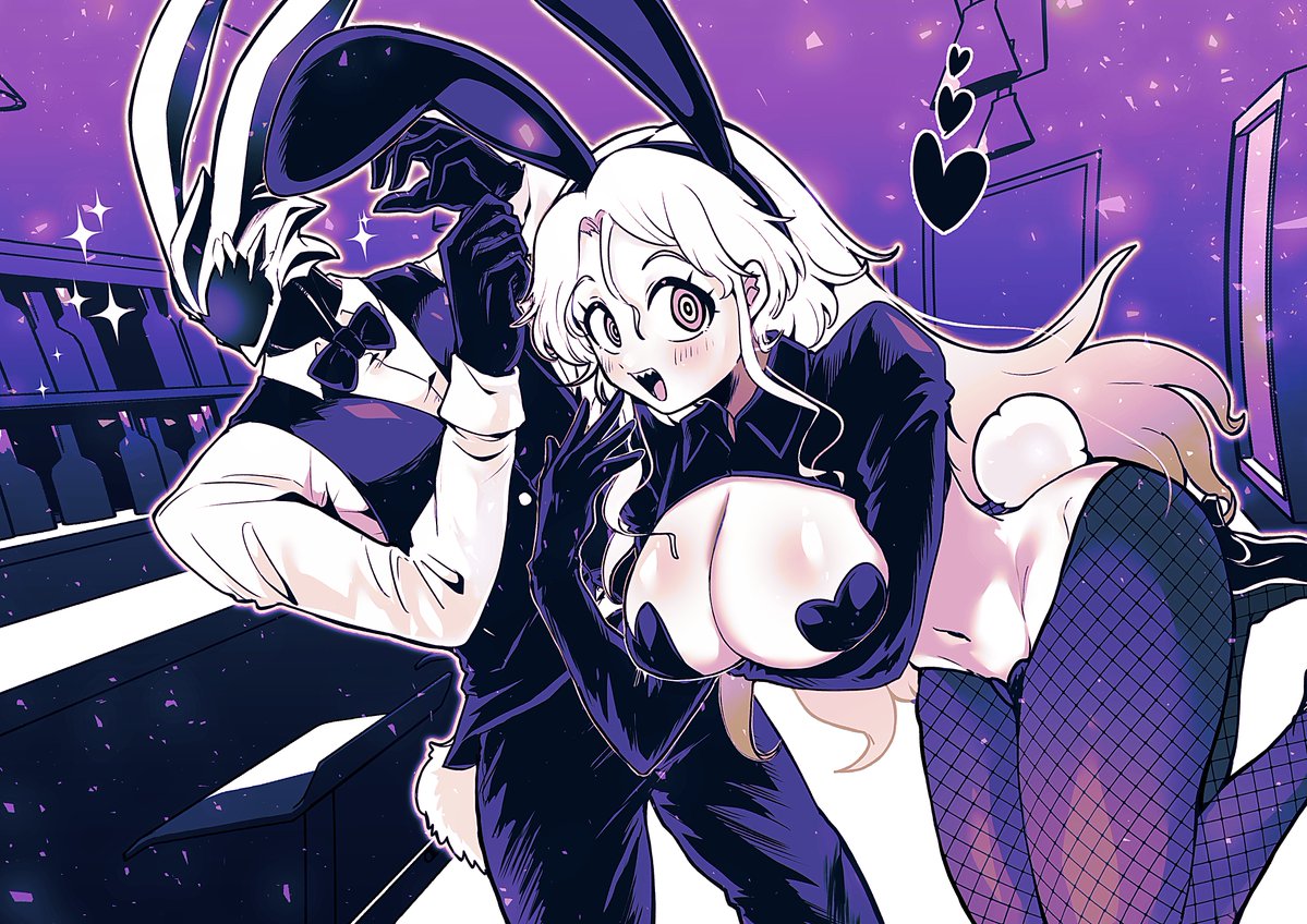 otyumamii, original, commentary request, 1boy, 1girl, :d, adjusting clothes, adjusting gloves, animal ear hairband, animal ears, arm under breasts, bar (place), bow, bowtie, breasts, bunny day, cleavage, cowboy shot, fake animal ears, fake tail, feet up, fishnet pantyhose, fishnets, gloves, greyscale, hairband, heart, heart pasties, helmet, high heels, hip bones, hopping, large breasts, long hair, looking at viewer, monochrome, navel, open mouth, pants, pantyhose, pasties, purple theme, rabbit ears, rabbit tail, reverse bunnysuit, reverse outfit, ringed eyes, sharp teeth, shirt, smile, sparkle, tail, teeth, vest
