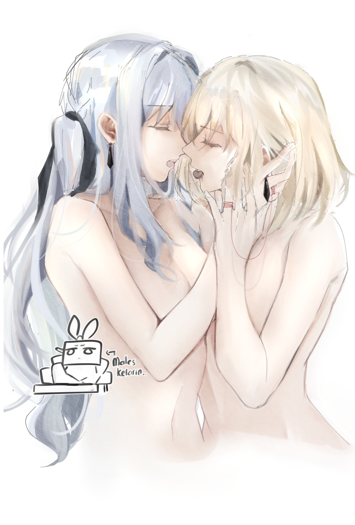 cheschorv, misumi uika, togawa sakiko, bang dream!, bang dream! it's mygo!!!!!, commentary, highres, 2girls, black ribbon, blonde hair, blue hair, breasts, candy, chocolate, chocolate heart, cleavage, closed eyes, earrings, food, hair ribbon, hand on another's face, heart, heart-shaped food, jewelry, long hair, medium hair, mouth hold, multiple girls, nude, open mouth, ribbon, saliva, saliva trail, string, string of fate, tongue, tongue out, two side up, yuri