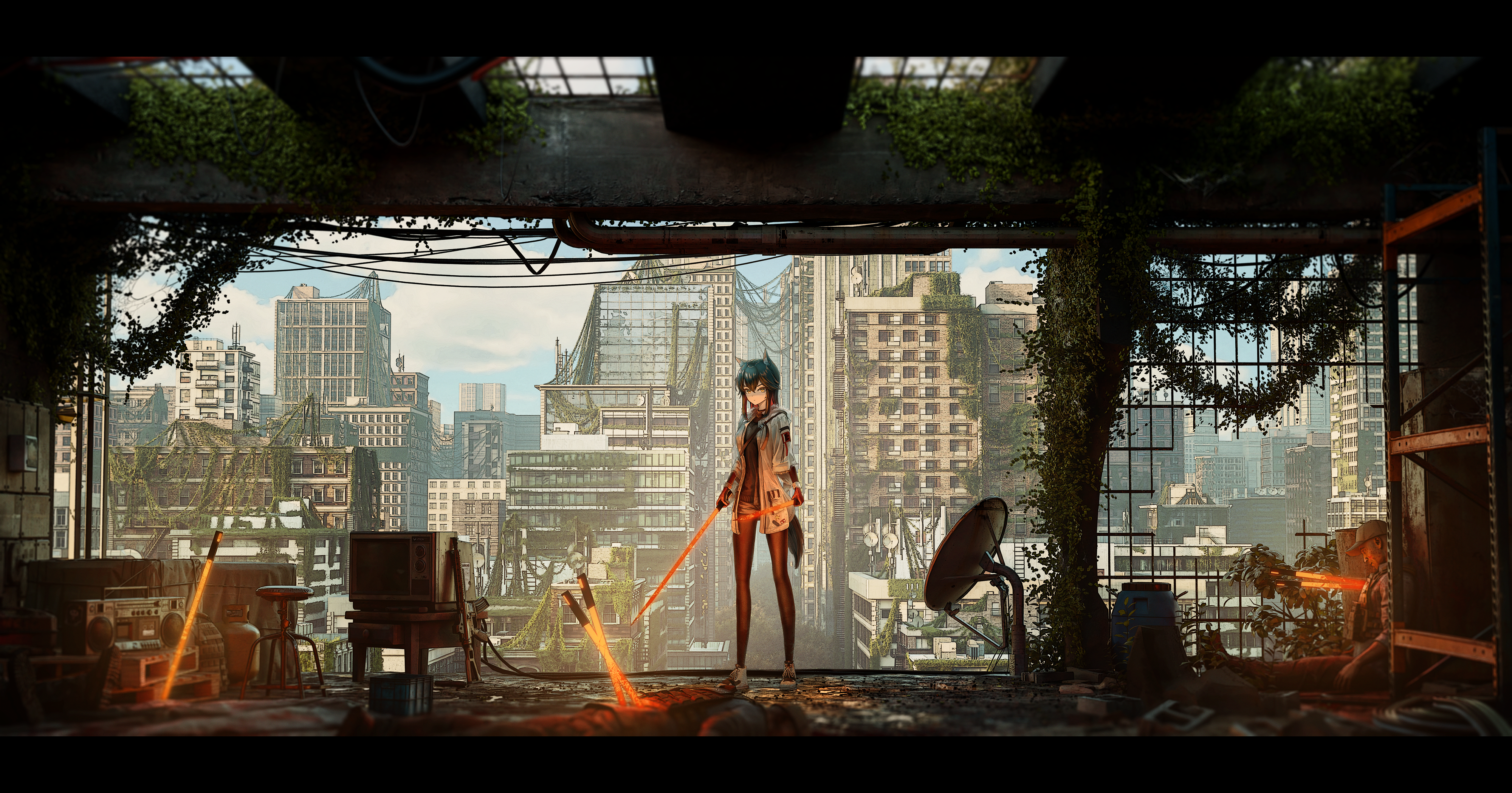 lit for 20, texas (arknights), texas (winter messenger) (arknights), arknights, absurdres, commentary, english commentary, highres, 1girl, animal ear fluff, animal ears, black hair, black pantyhose, city, cityscape, death, full body, fur-trimmed hood, fur-trimmed jacket, fur trim, gloves, hair between eyes, hood, jacket, letterboxed, long hair, long sleeves, looking at viewer, official alternate costume, open clothes, pantyhose, red gloves, scenery, tail, white jacket, wolf ears, wolf tail