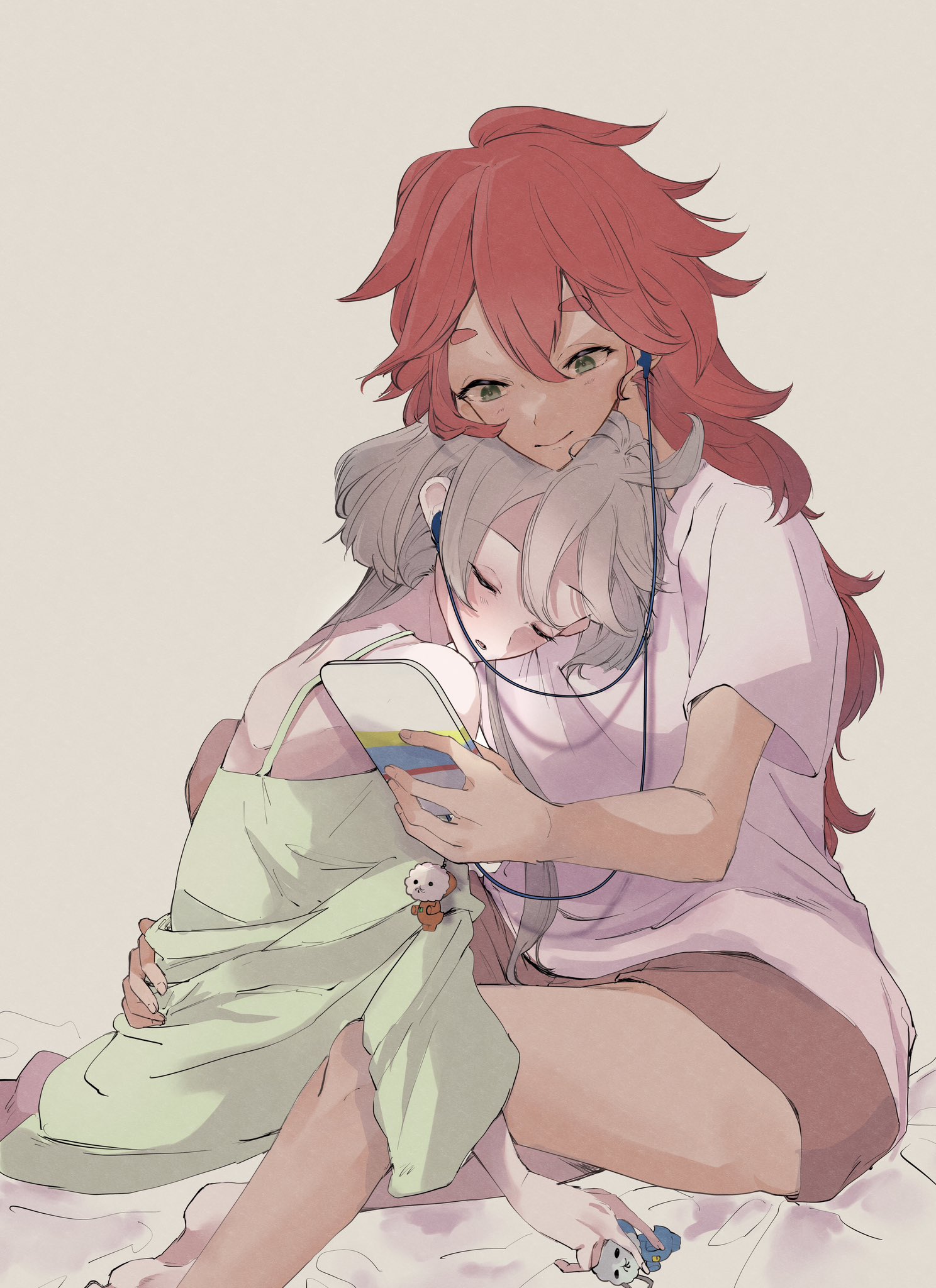 kayumikayumi, hots (gundam suisei no majo), miorine rembran, suletta mercury, gundam, gundam suisei no majo, commentary request, highres, 2girls, barefoot, between legs, camisole, cellphone, closed eyes, closed mouth, cool (gundam suisei no majo), earphones, green camisole, green eyes, grey background, grey hair, hand on another's waist, holding, holding phone, long hair, multiple girls, parted lips, phone, red hair, red shorts, shared earphones, shirt, short sleeves, shorts, simple background, sleeping, smartphone, smile, thick eyebrows, white shirt, yuri