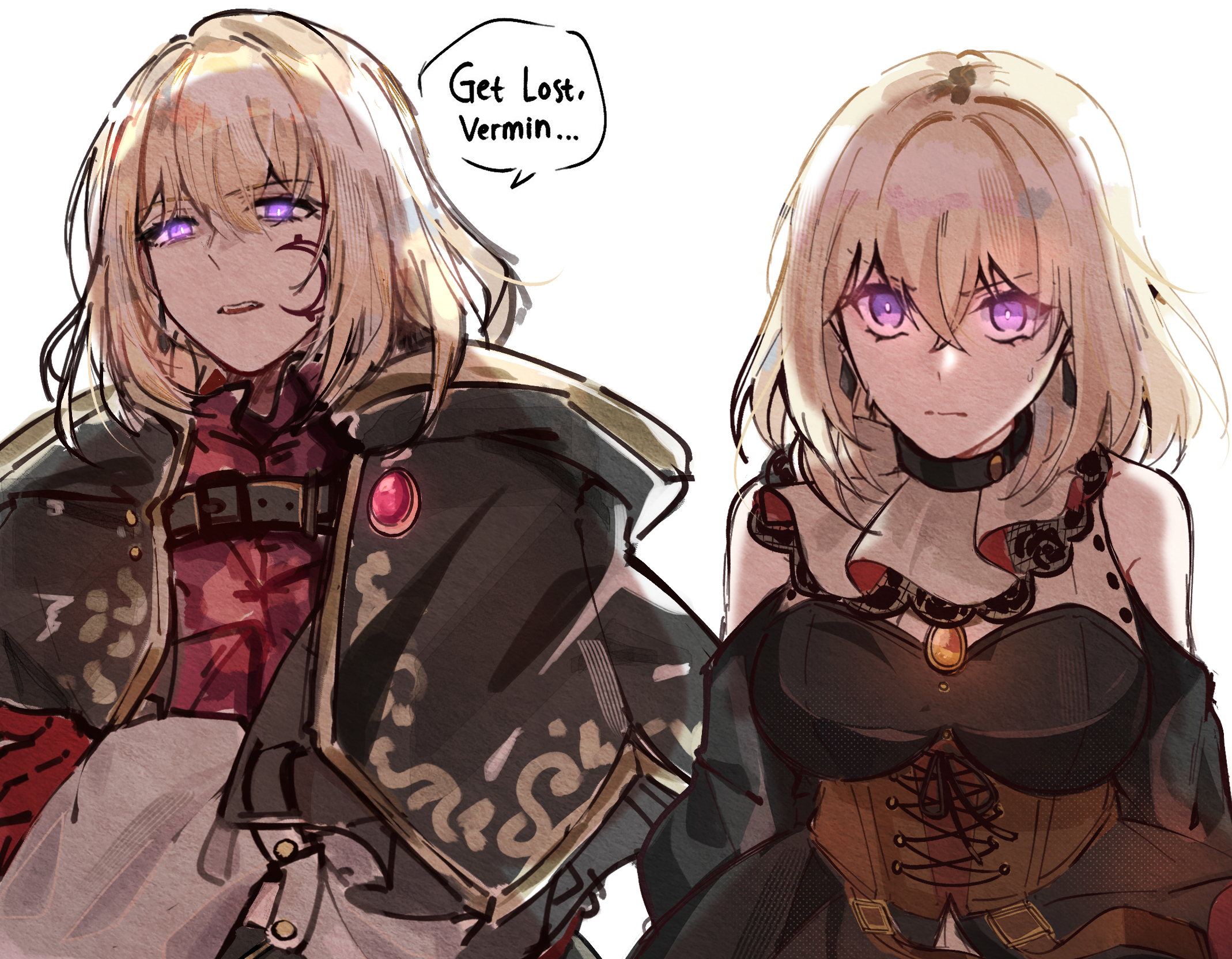 cheschorv, aver (yumenokessho), doloris (bang dream!), misumi uika, bang dream!, commentary, highres, 2girls, black capelet, black dress, blonde hair, breasts, brown corset, capelet, corset, dress, dual persona, hair between eyes, large breasts, medium hair, multiple girls, open mouth, purple eyes, simple background, sweatdrop, upper body, white background, yumenokessho