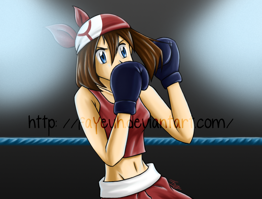 may (pokemon), nintendo, pokemon, pokemon (anime), 1girl, bandana, blue eyes, blue gloves, boxer, boxing, boxing gloves, boxing ring, boxing shorts, breasts, brown hair, covered mouth, dark background, deviantart username, fayeuh, fighting stance, gloves, pants, poke ball, raised eyebrows, red bandana, red pants, red sports bra, shorts, signature, simple background, sports bra, stage lights