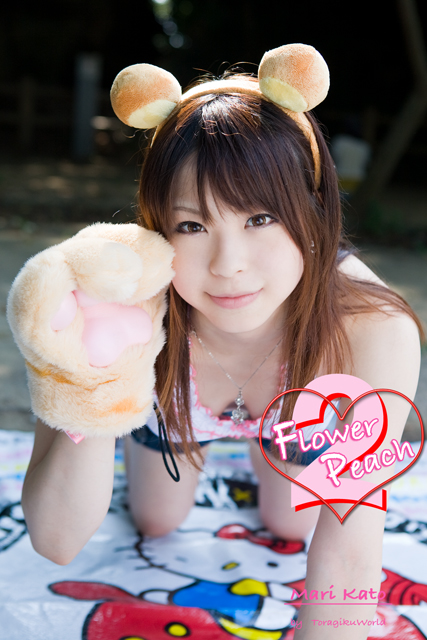 katou mari, photo (medium), tagme, animal ears, animal hands, breasts, cleavage, flower peach 2