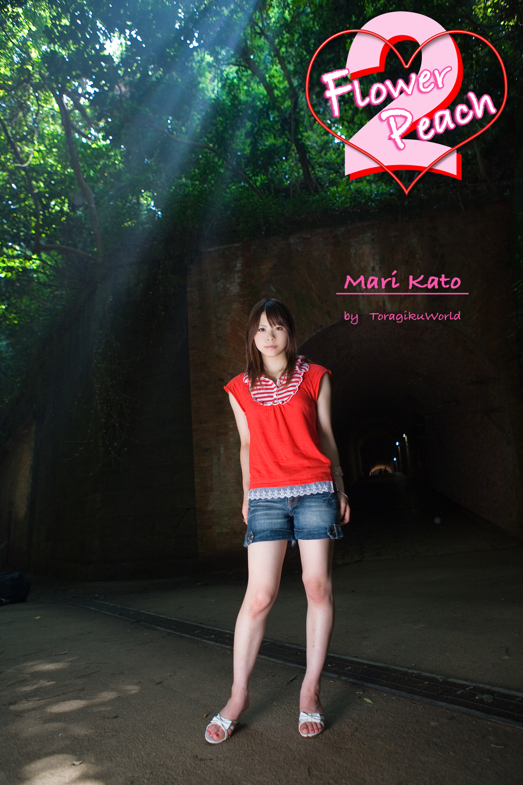 katou mari, highres, photo (medium), denim, denim shorts, flower peach 2, sandals, shorts