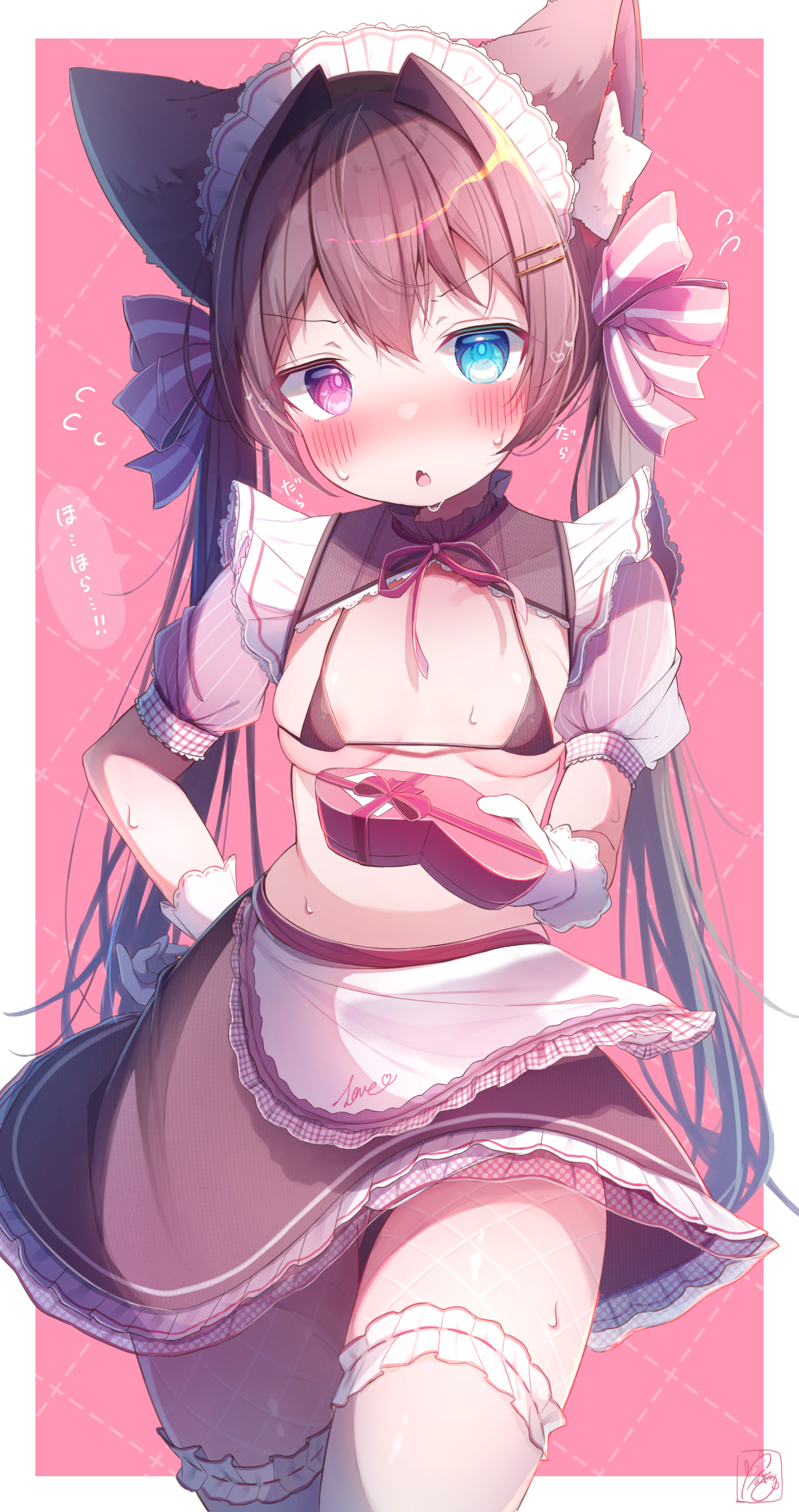 komugi (2212), original, absurdres, character request, highres, 1girl, animal ear fluff, animal ears, apron, bikini, black bikini, black skirt, blue eyes, blush, border, bow, box, breasts, chestnut mouth, collar, cowboy shot, fang, fishnet pantyhose, fishnets, flustered, flying sweatdrops, frilled apron, frilled collar, frilled hairband, frilled skirt, frilled thighhighs, frills, frown, furrowed brow, gift, gift box, gloves, grid background, hair bow, hair intakes, hair ornament, hairband, hairclip, hand on own hip, head tilt, heart-shaped box, heterochromia, holding, holding gift, long hair, looking at viewer, maid, maid bikini, maid headdress, nose blush, outside border, pantyhose, parallel hairclips, pink background, pink bow, pink eyes, puffy short sleeves, puffy sleeves, short sleeves, shrug (clothing), signature, skin fang, skirt, small breasts, solo, speech bubble, sweat, swimsuit, thighhighs, tsundere, twintails, unconventional maid, v-shaped eyebrows, valentine, very long hair, waist apron, white apron, white border, white gloves, white headdress, white thighhighs
