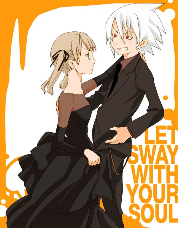 maka albarn, soul evans, soul eater, silver hair, 00s, 1boy, 1girl, black dress, black suit, blonde hair, cowboy shot, dress, english text, formal clothes, from side, long sleeves, pants, profile, red shirt, shirt, short hair, simple background, suit, text focus, white background