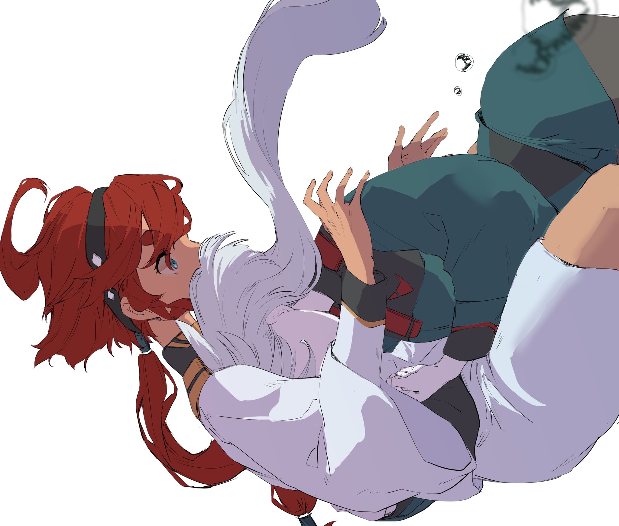kayumikayumi, miorine rembran, suletta mercury, gundam, gundam suisei no majo, commentary, hashtag-only commentary, highres, 2girls, asticassia school uniform, black hairband, blue eyes, floating, green jacket, green shorts, hairband, jacket, long hair, long sleeves, midair, multiple girls, ponytail, red hair, school uniform, shorts, simple background, tears, thick eyebrows, white background, white jacket, white shorts, yuri