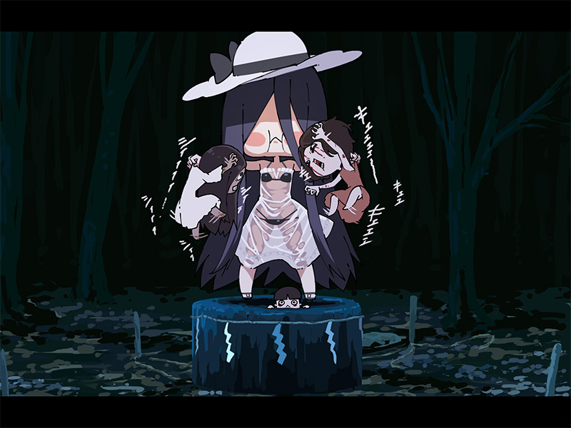 taimanun, saeki kayako, saeki toshio (ju-on), shinonome yahiro, yamamura sadako, lilith-soft, taimanin (series), taimanin rpgx, the grudge, the ring, 1boy, 3girls, :<, absurdly long hair, bikini, blood, blood on face, breasts, catfight, cheek bulge, chibi, cleavage, crossover, curvy, disgust, dress, fingernails, forest, full body, hair over eyes, japanese clothes, kimono, lips, long hair, look-alike, looking at another, medium hair, motion lines, multiple girls, nature, ponytail, pun, restrained, see-through clothes, see-through dress, see-through kimono, shaded face, shiny skin, size difference, standing, swimsuit, thong, thong bikini, trait connection, very long hair, wet, wet clothes, what, wide hips