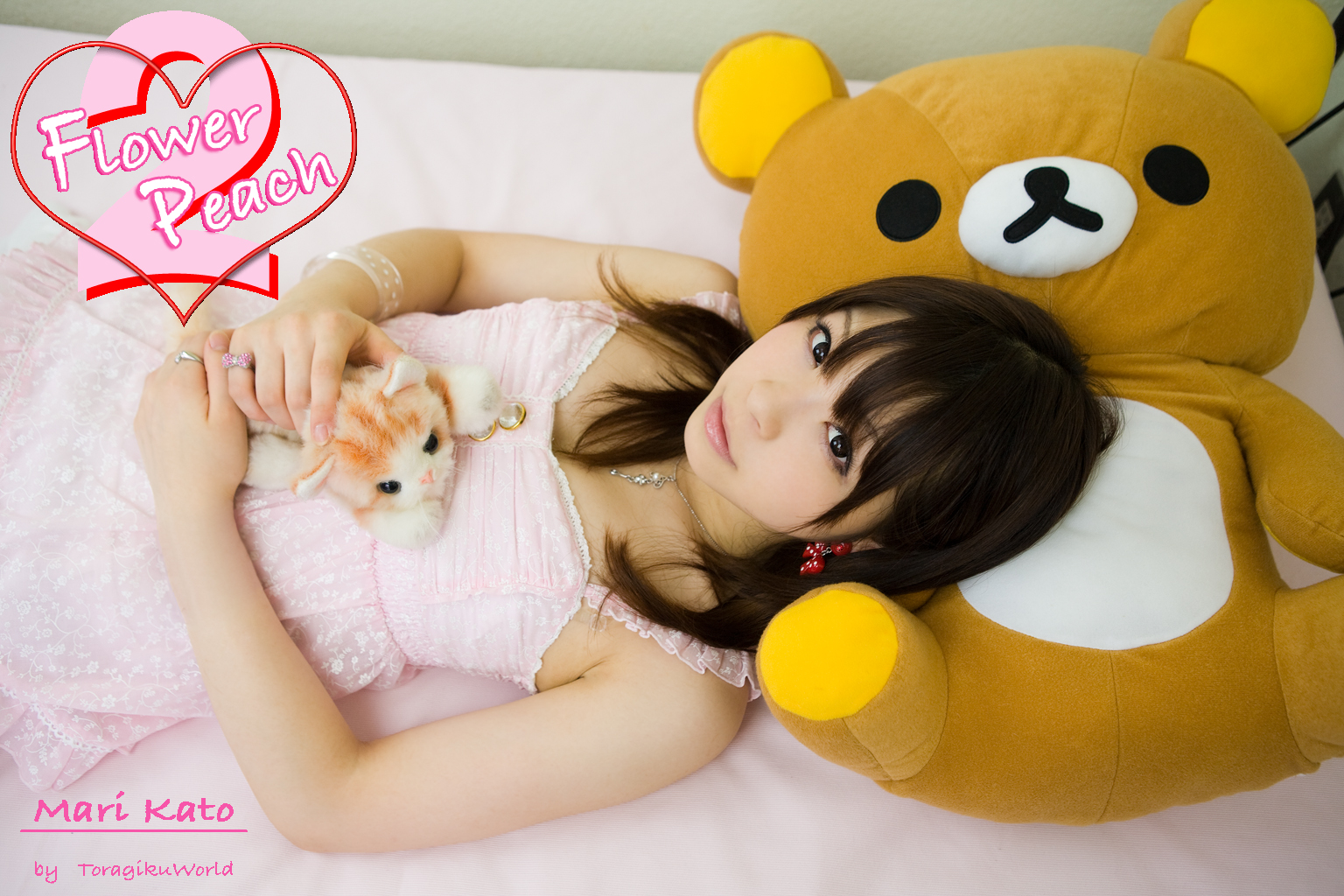 katou mari, photo (medium), bed, dress, flower peach 2, stuffed animal, stuffed toy, teddy bear