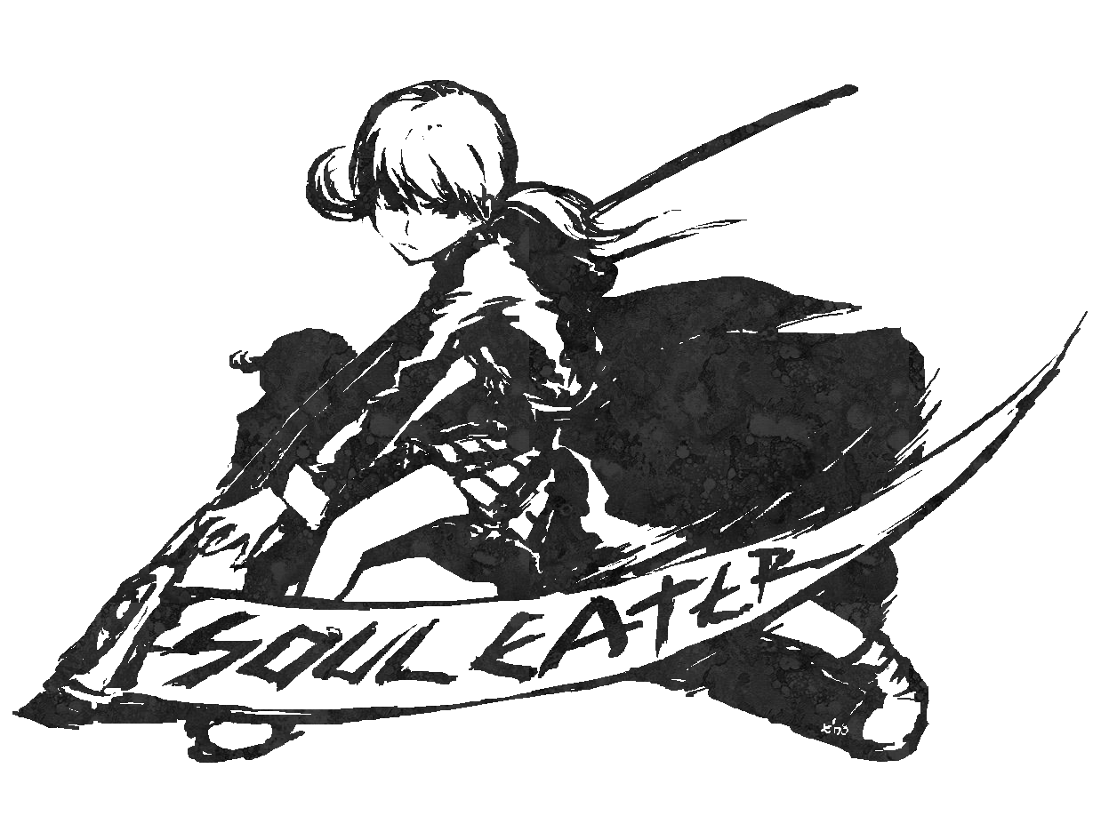 maka albarn, soul eater, 00s, 1girl, copyright name, dress, female focus, full body, greyscale, holding, holding weapon, long sleeves, looking at viewer, monochrome, polearm, scythe, short hair, solo, spread legs, weapon