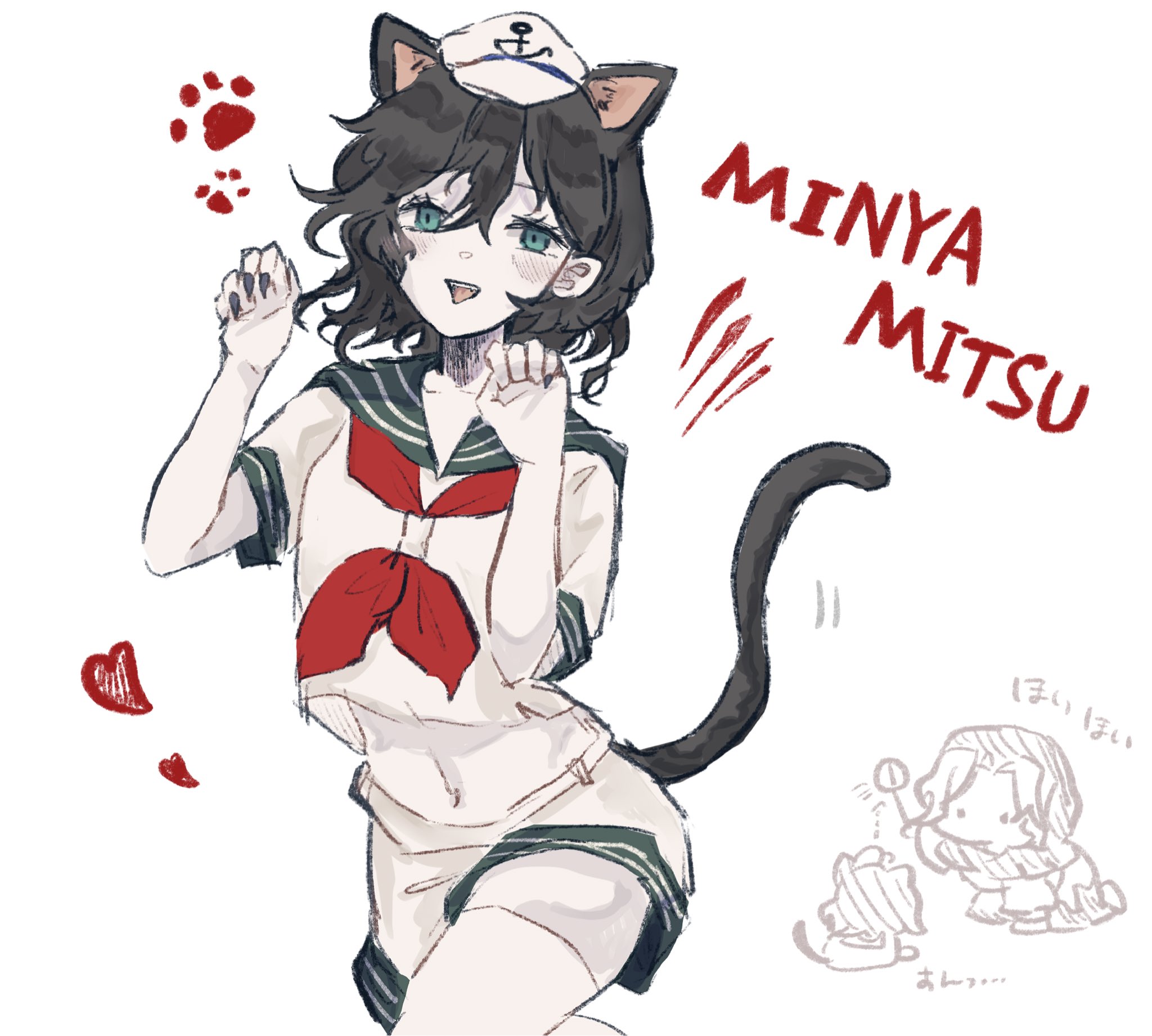mitsusame, kumoi ichirin, murasa minamitsu, touhou, highres, 2girls, anchor symbol, black hair, black nails, cat tail, chibi, chibi inset, collared shirt, cowboy shot, green eyes, hat, heart, holding, holding ladle, kemonomimi mode, ladle, looking at viewer, midriff, multiple girls, navel, neckerchief, open mouth, pale skin, paw print, red neckerchief, shirt, short hair, short sleeves, shorts, smile, tail, thighhighs, white background, white hat, white shirt, white shorts, white thighhighs
