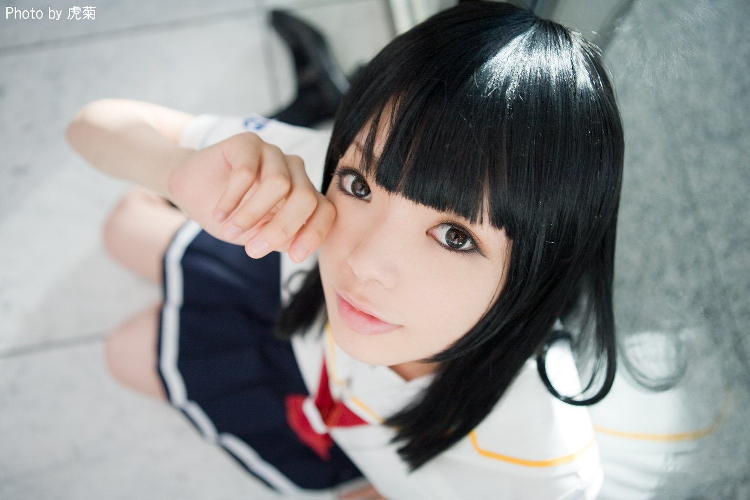 namada, futami eriko, kimi kiss, photo (medium), 1girl, artist name, asian, black hair, blunt bangs, blurry, breasts, cosplay, depth of field, eyeliner, female focus, from above, futami eriko (cosplay), glass wall, indoors, kneeling, long hair, looking at viewer, makeup, mascara, miniskirt, neck ribbon, on floor, pleated skirt, red ribbon, ribbon, school uniform, serafuku, skirt, small breasts, socks, solo