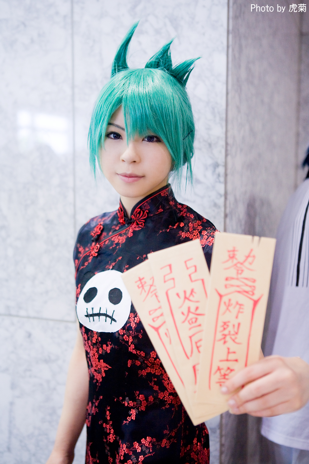 katou mari, character request, highres, photo (medium), source request, china dress, chinese clothes, cosplay, dress, green hair