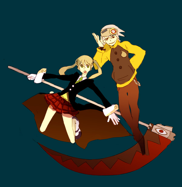 maka albarn, soul evans, soul eater, 00s, green eyes, plaid clothes, plaid skirt, raglan sleeves, school uniform, scythe, serafuku, skirt, twintails