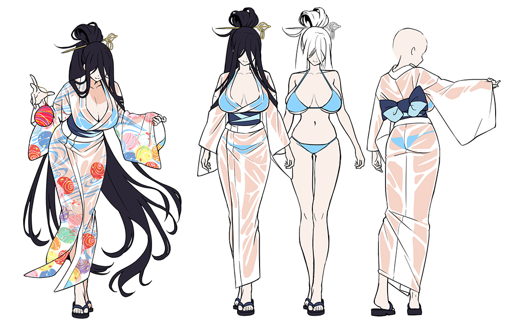 taimanun, shinonome yahiro, lilith-soft, taimanin (series), taimanin rpgx, 1girl, absurdly long hair, aqua bikini, ass, bikini, breasts, cleavage, curvy, fingernails, full body, hair over eyes, huge breasts, japanese clothes, kimono, lips, long hair, multiple views, ponytail, reference sheet, see-through clothes, see-through kimono, smile, standing, swimsuit, transparent background, turnaround, very long hair, wet, wet clothes, wide hips