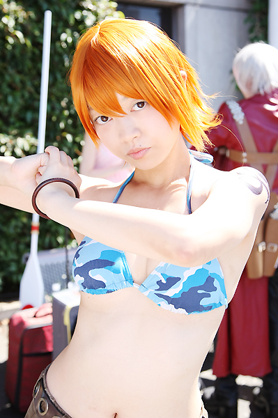 amanone shun, dante (devil may cry), nami (one piece), nami (one piece) (skypiea), capcom, devil may cry (series), one piece, photo (medium), 1boy, 1girl, asian, bag, belt, bench, bikini, bikini top only, bracelet, brown eyes, camouflage, cargo shorts, cosplay, dante (cosplay), female focus, gun, jacket, jewelry, long coat, looking at viewer, midriff, nami (one piece) (cosplay), orange hair, outdoors, plant, red jacket, shorts, shoulder tattoo, skypiea, swimsuit, tattoo, weapon, white hair