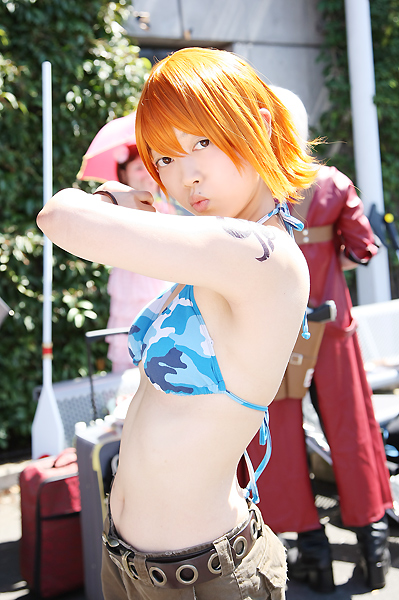 amanone shun, dante (devil may cry), nami (one piece), nami (one piece) (skypiea), capcom, devil may cry (series), one piece, photo (medium), 1boy, 1girl, asian, bag, belt, bench, bikini, bikini top only, boots, bracelet, brown eyes, camouflage, cargo shorts, cosplay, dante (cosplay), dress, female focus, gun, jacket, jewelry, long coat, looking at viewer, midriff, nami (one piece) (cosplay), orange hair, outdoors, pink dress, pink umbrella, plant, red jacket, shorts, shoulder tattoo, skypiea, standing, swimsuit, tattoo, umbrella, weapon, white hair