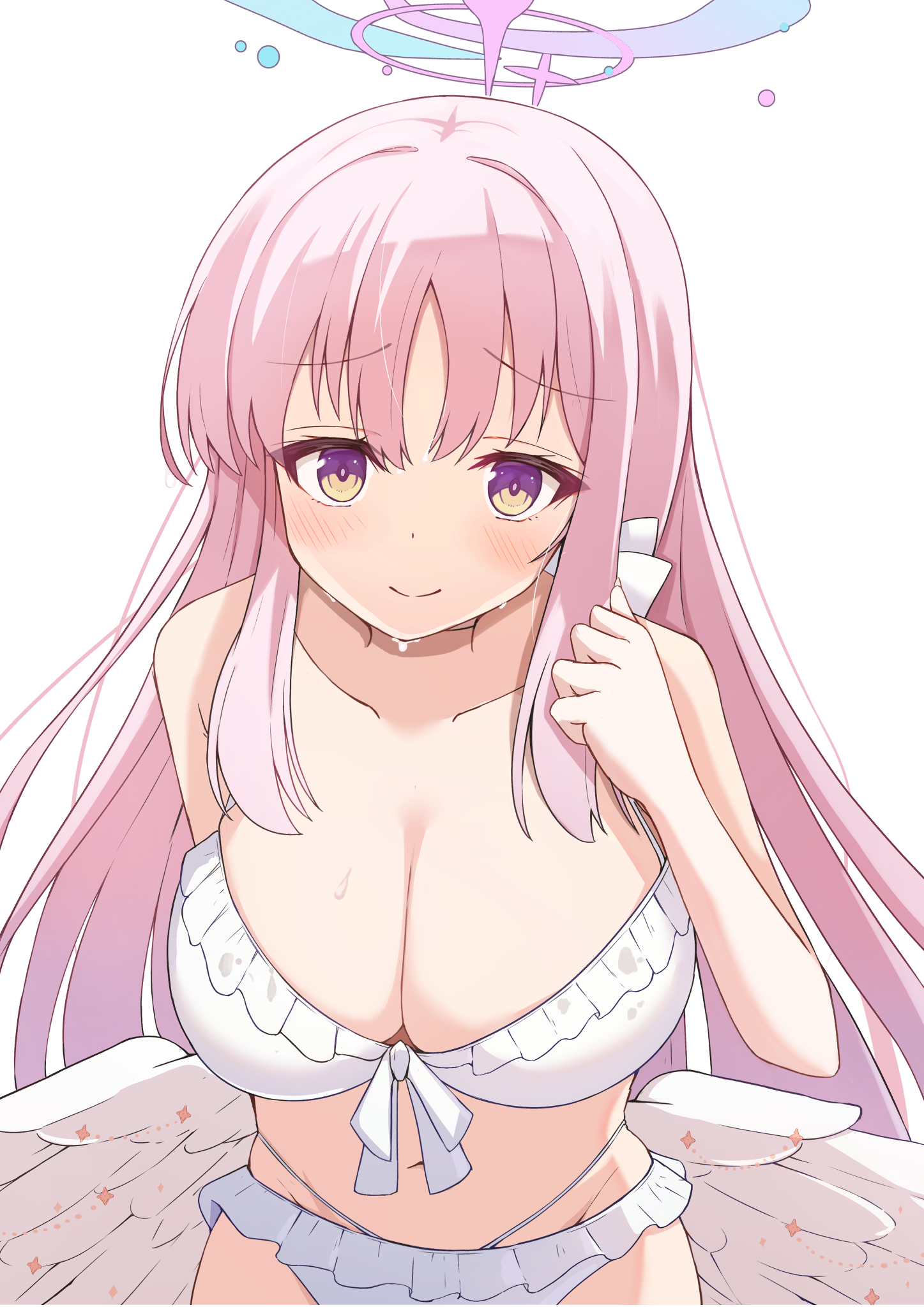 elumina1213, mika (blue archive), mika (swimsuit) (blue archive), blue archive, commentary request, highres, 1girl, angel wings, arm behind back, bare shoulders, bikini, blush, breasts, cleavage, closed mouth, collarbone, feathered wings, frilled bikini, frills, halo, large breasts, long hair, looking at viewer, low wings, multicolored eyes, navel, official alternate costume, official alternate hairstyle, pink hair, pink halo, purple eyes, simple background, smile, solo, stomach, swimsuit, two-tone eyes, very long hair, white background, white bikini, white wings, wing ornament, wings