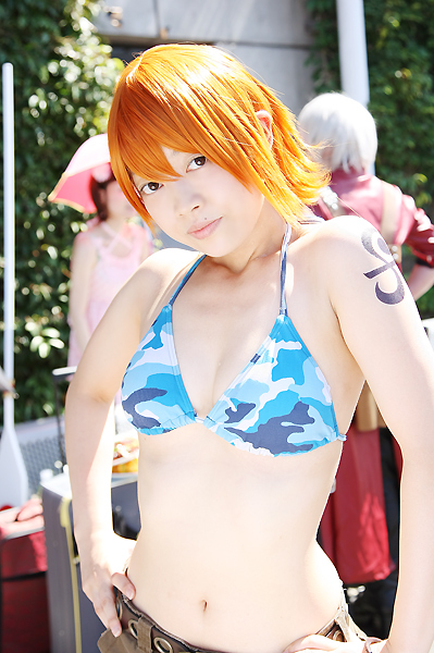 amanone shun, dante (devil may cry), nami (one piece), nami (one piece) (skypiea), capcom, devil may cry (series), one piece, photo (medium), 1boy, 2girls, asian, belt, bikini, bikini top only, brown eyes, camouflage, cargo shorts, cosplay, dante (cosplay), dress, female focus, hands on own hips, jacket, long coat, looking at viewer, midriff, multiple girls, nami (one piece) (cosplay), orange hair, outdoors, pink dress, plant, red jacket, shorts, shoulder tattoo, skypiea, solo focus, standing, swimsuit, tattoo, umbrella, white hair