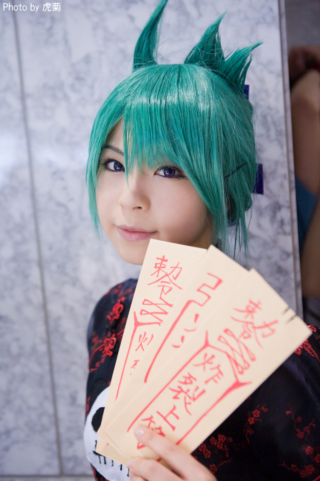 katou mari, character request, highres, photo (medium), source request, china dress, chinese clothes, cosplay, dress, green hair