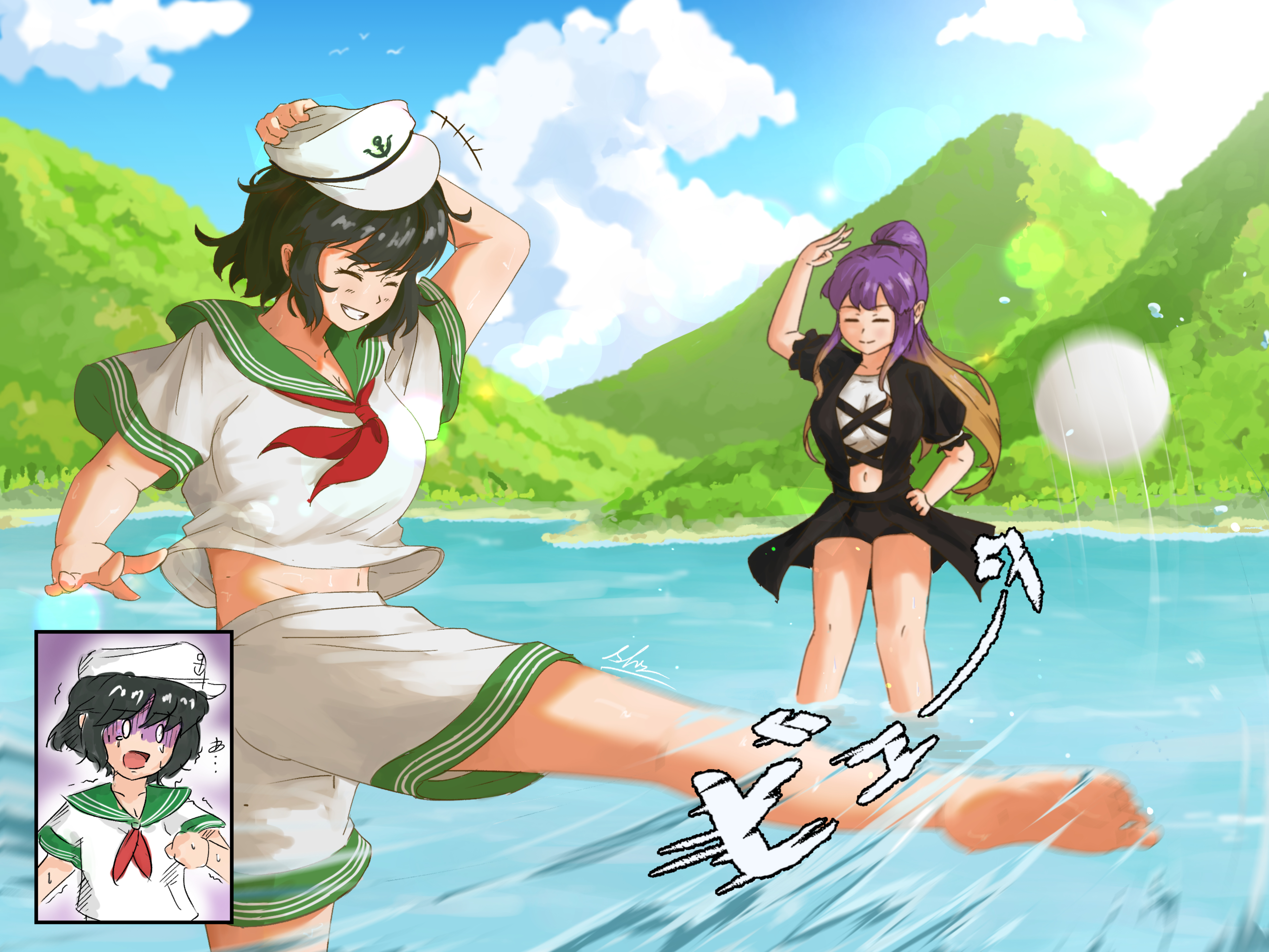 hijiri byakuren, murasa minamitsu, touhou, absurdres, highres, 2girls, anchor symbol, arm up, ball, barefoot, black dress, black hair, blonde hair, blue sky, closed eyes, dress, gradient hair, grin, hair up, hand on headwear, hand on own hip, hat, kicking, lake, lens flare, motion lines, multicolored hair, multiple girls, neckerchief, outdoors, ponytail, purple hair, red neckerchief, shaycor, shirt, short hair, short sleeves, shorts, sky, smile, sound effects, wading, water, white hat, white shirt, white shorts