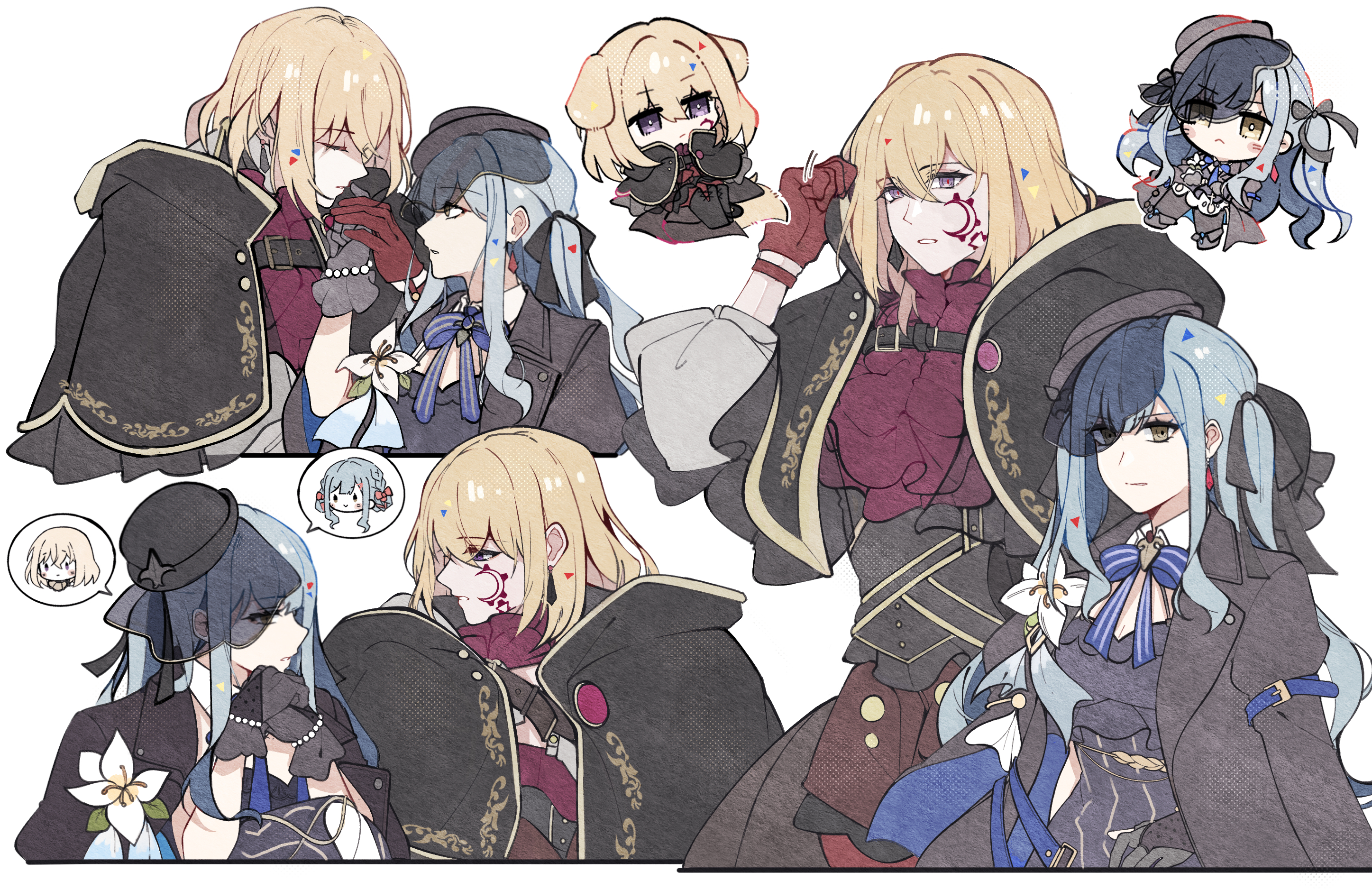 cheschorv, aver (yumenokessho), doloris (bang dream!), misumi uika, bang dream!, bang dream! it's mygo!!!!!, sweets paradise, commentary, highres, 2girls, animal ears, black capelet, black hat, blue hair, capelet, dog ears, dog girl, dog tail, facial mark, gloves, hat, long hair, medium hair, multiple girls, open mouth, purple eyes, red gloves, sidelocks, simple background, tail, white background, yellow eyes, yumenokessho, yuri